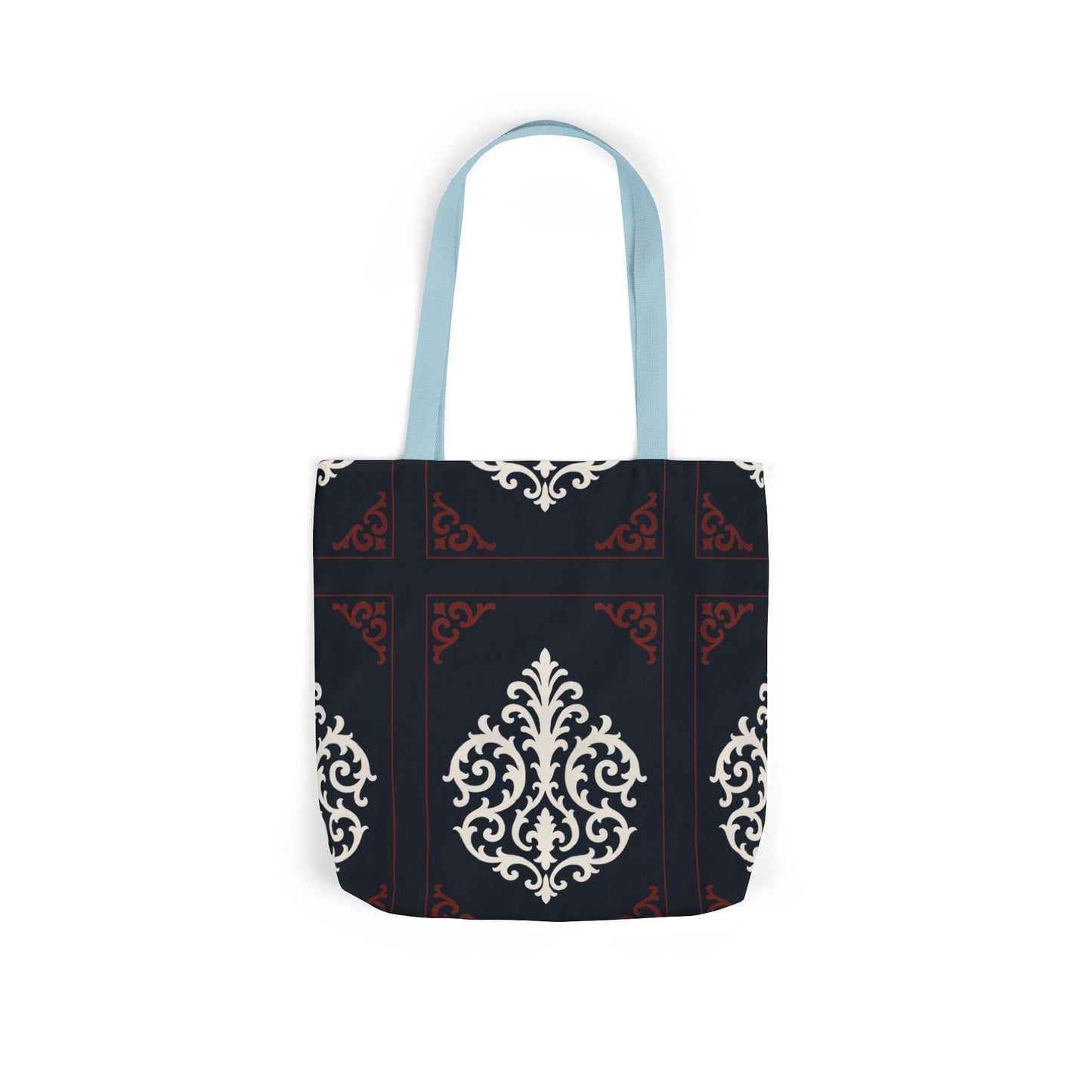 Dusk Blue-Maroon & White Baroque Pattern Canvas Tote Bag — Elegant Dusk Blue & White Reusable Market Bag