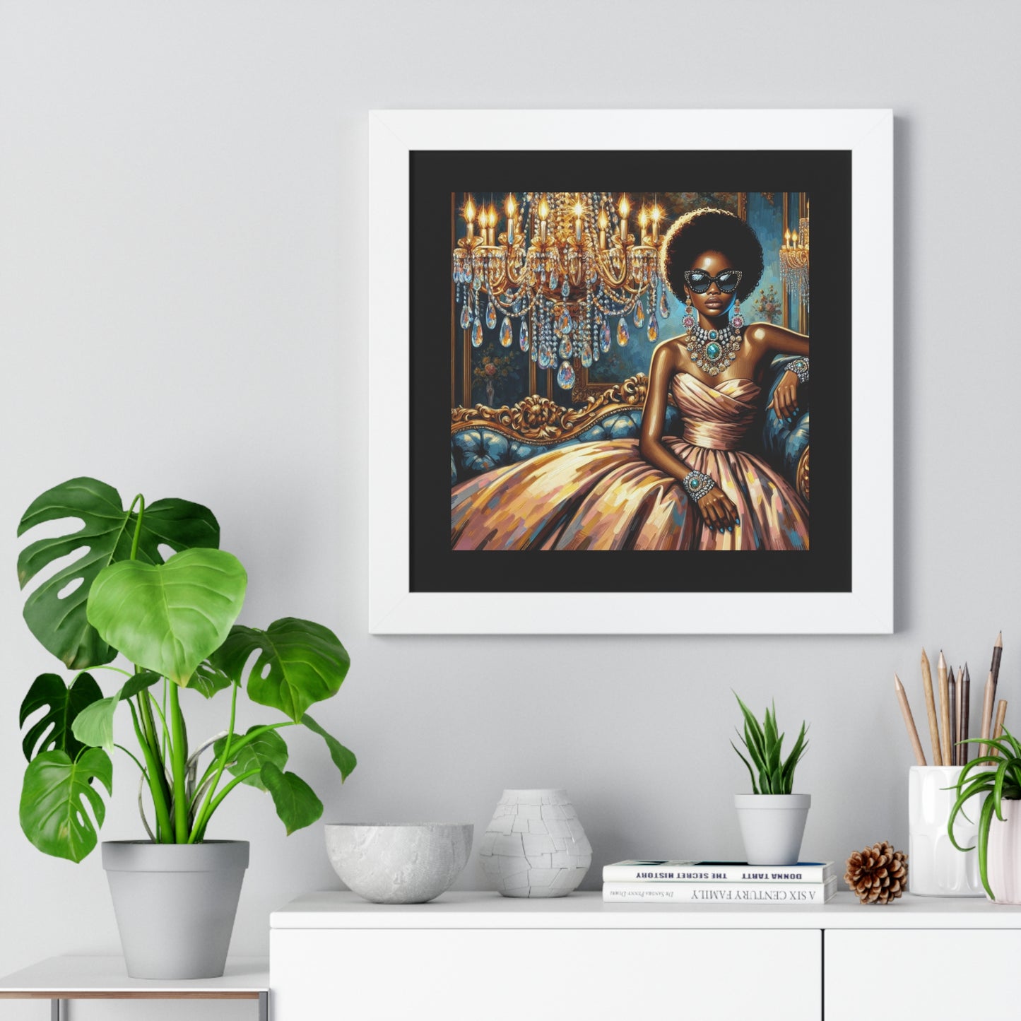 Elegant Framed Art Print | Chic Home Décor, Wall Art for Living Room, Unique Gift, Glamorous Aesthetic, Fashionable - Elegant Lady & Chandelier