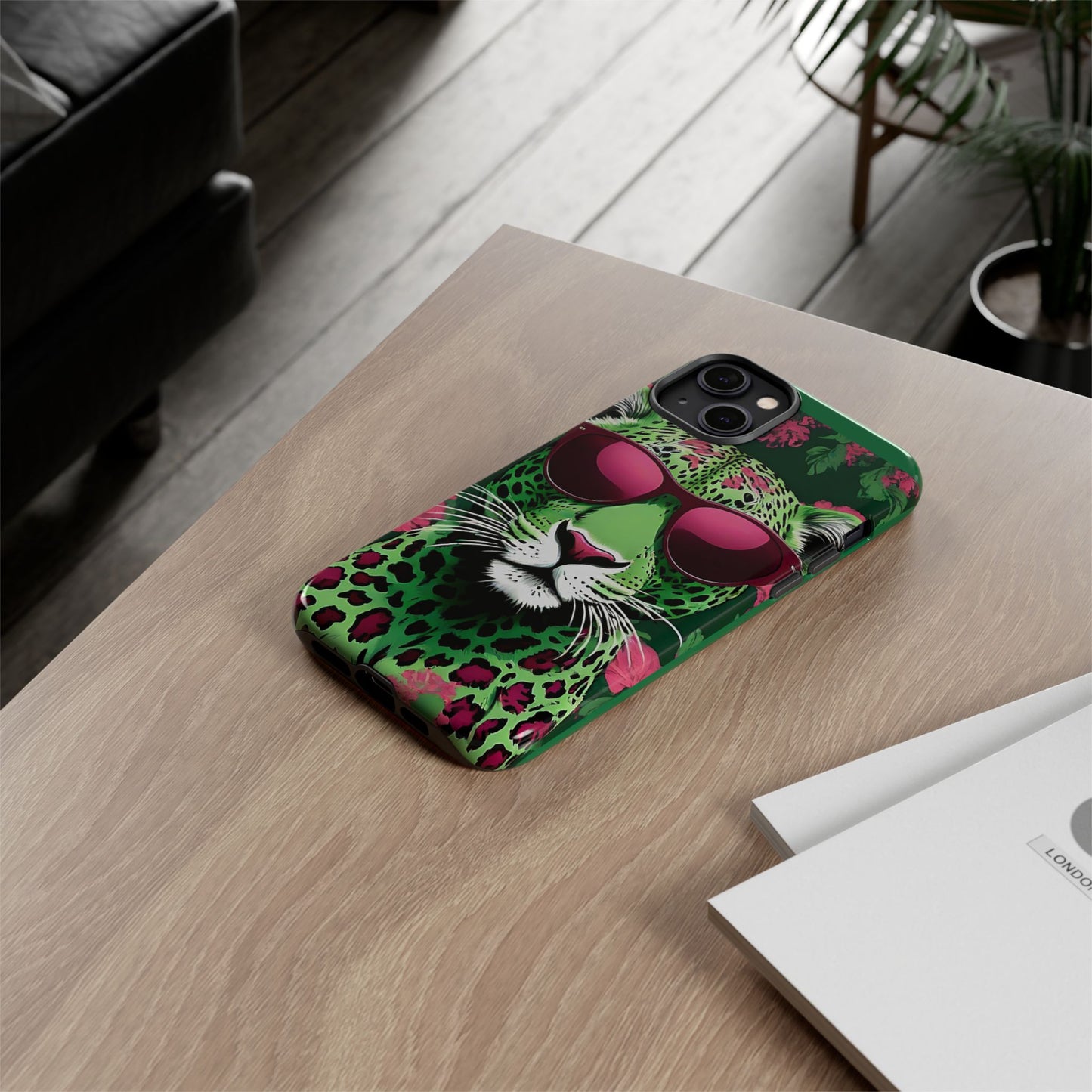 Phone Case - Lime Green & Burgundy Leopard In Sunglasses Design