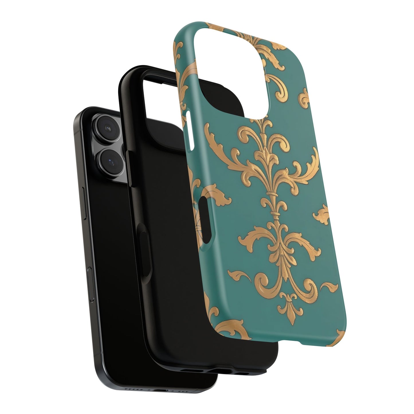 Elegant Floral Motif Phone Case - Tough Cases with Vintage Design - Aqua & Gold Damask