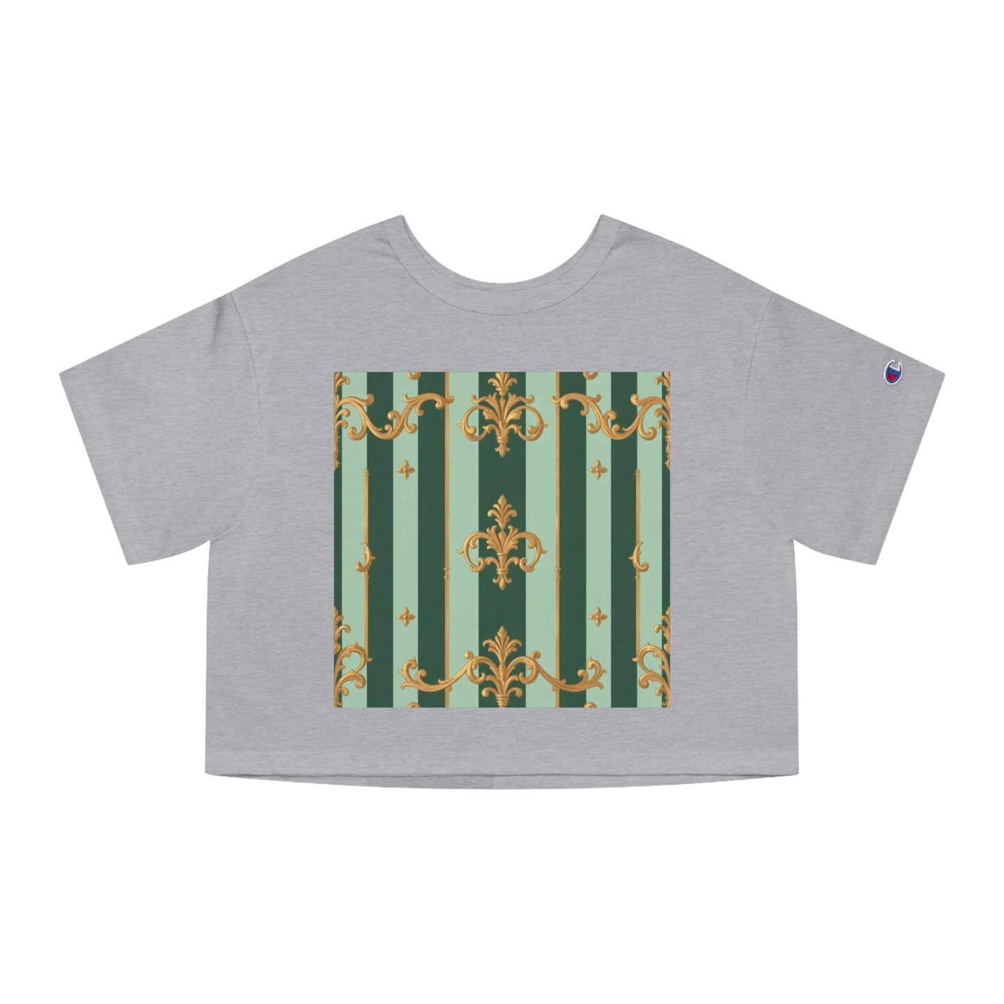Stylish Cropped T-Shirt with Elegant Pattern, Casual Wear, Perfect for Summer Outings - Mint Green & Teal Striped Gold Baroque
