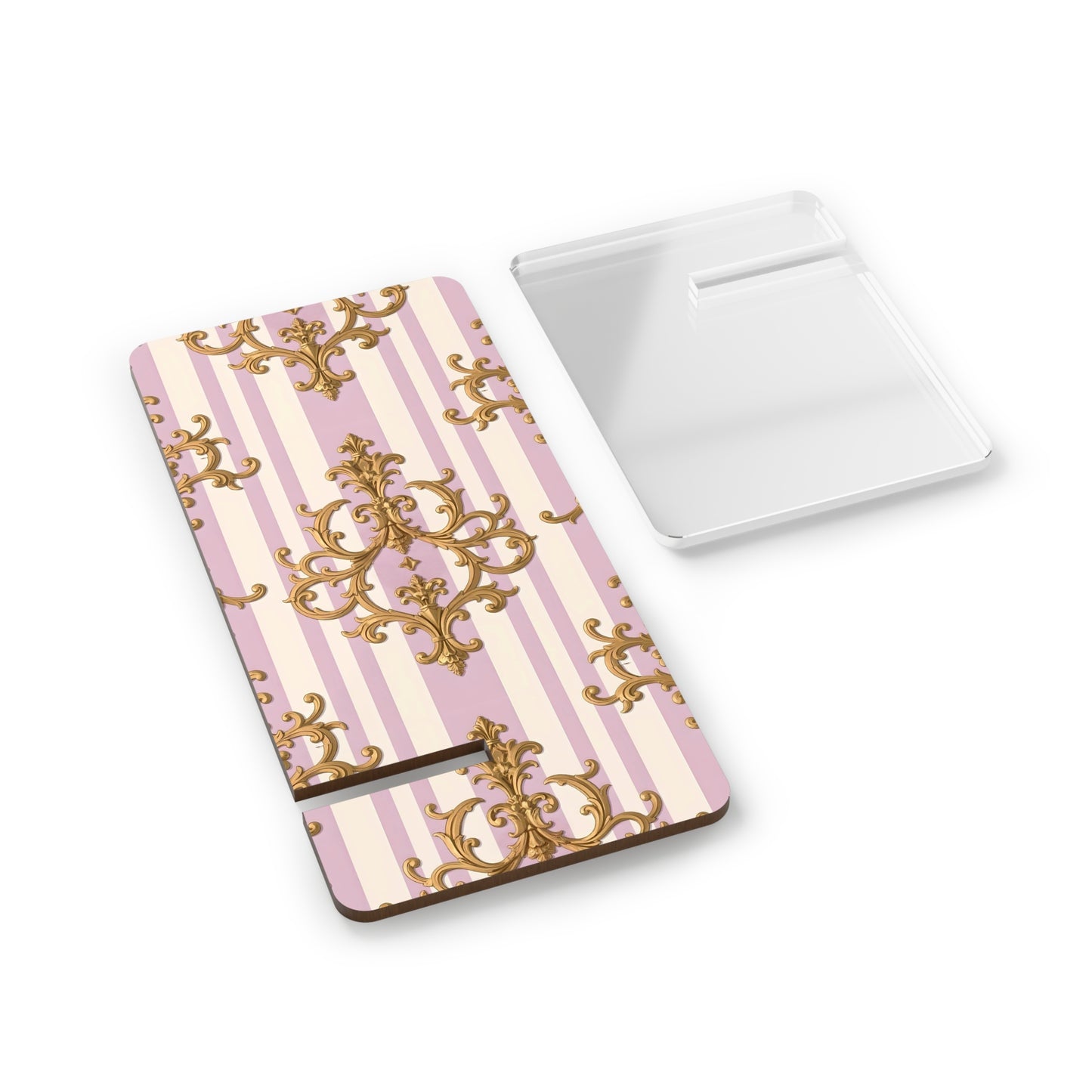 Chic Phone Stand for Stylish Smart Devices, Decorative Mobile Holder for Home & Office - Lilac & Alabaster Striped Gold Baroque