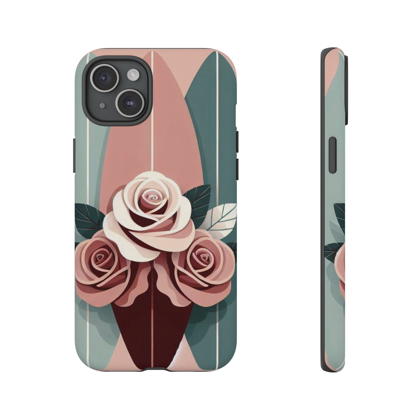 Phone Case - Burgundy, Matte Mauve & Teal Surfboard & Roses Design