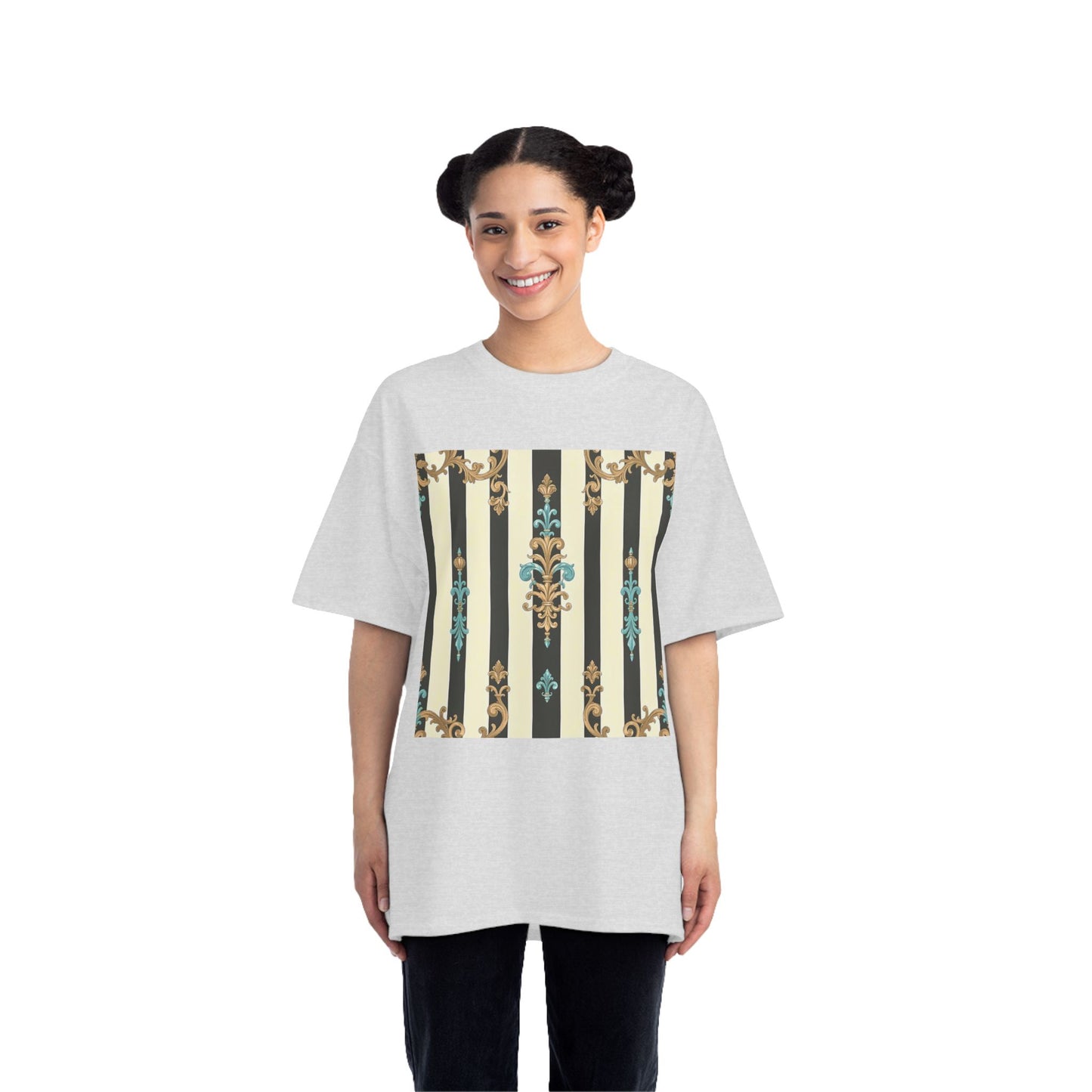Elegant Floral Pattern Tee, Vintage Style T-Shirt, Gift for Her, Casual Outfit - Black Striped Turquoise & Black Rococo