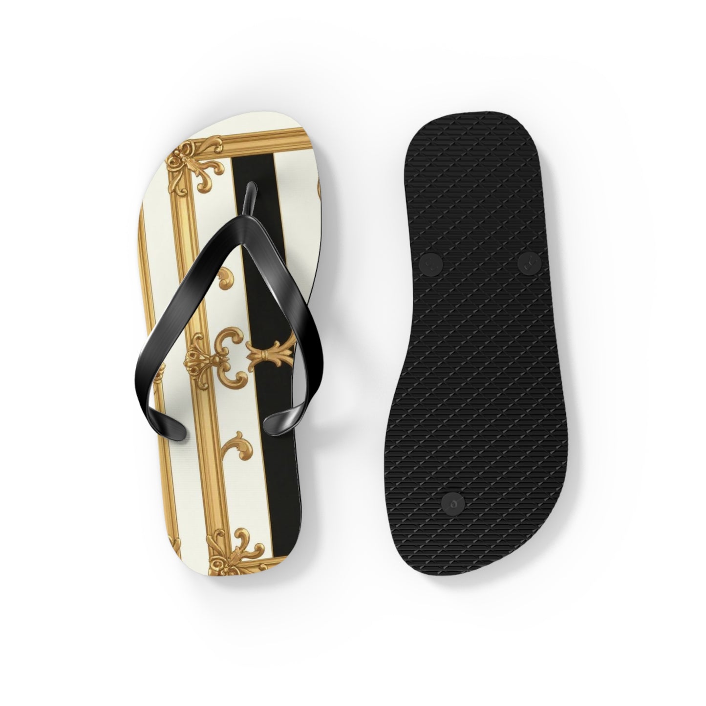 Chic Flip Flops with Elegant Design, Summer Sandals, Perfect Beach Footwear, Vacation Footwear - Black & White Striped Gold Baroque