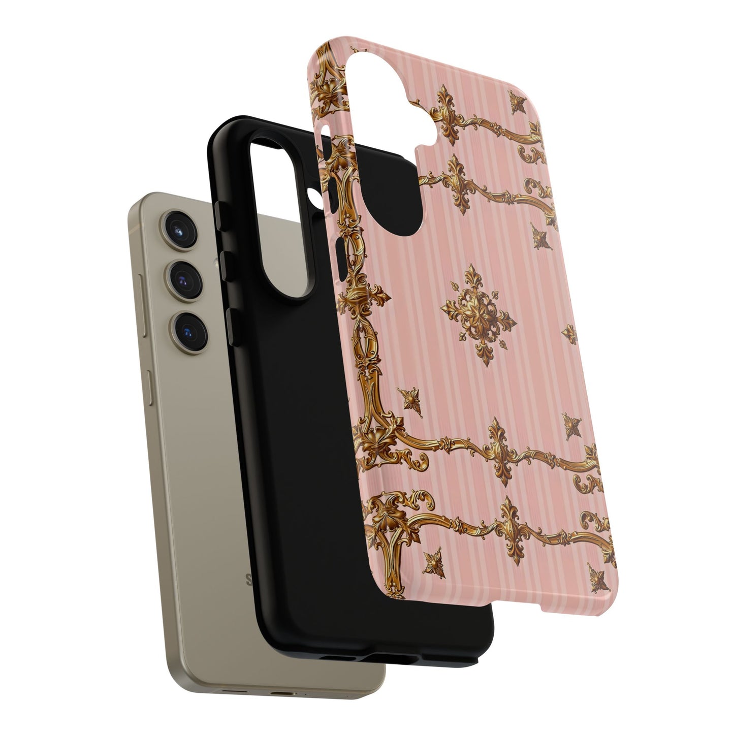 Elegant Floral Phone Case, Tough Cases for Women, Trendy Phone Cover, Chic Gift - Pink Striped Gold Baroque
