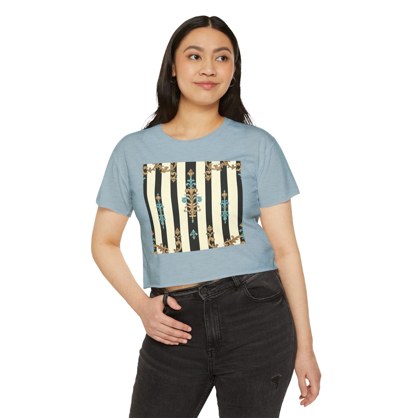Bohemian Festival Crop Top, Stylish Summer Tee, Casual Day Out Shirt, Trendy Women’s Apparel - Black Striped Turquoise & Black Rococo