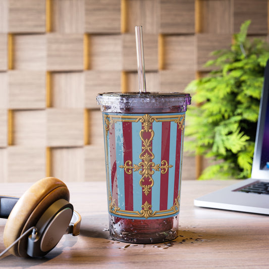 Suave Acrylic Cup - Elegant Drinkware for Weddings, Parties, Home Decor, Gifts, Coffee Lovers - Sky Blue & Maroon Striped Baroque