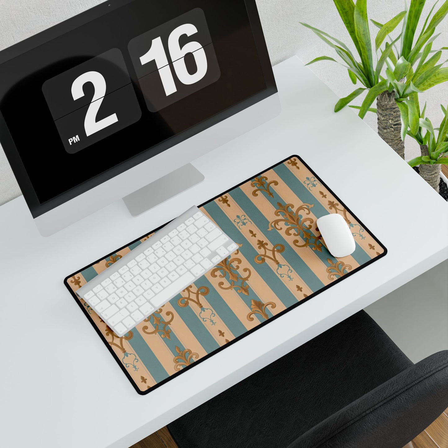 Elegant Floral Motif Desk Mat for Home Office Decor - Beige & Sky Blue Striped Gold Damask