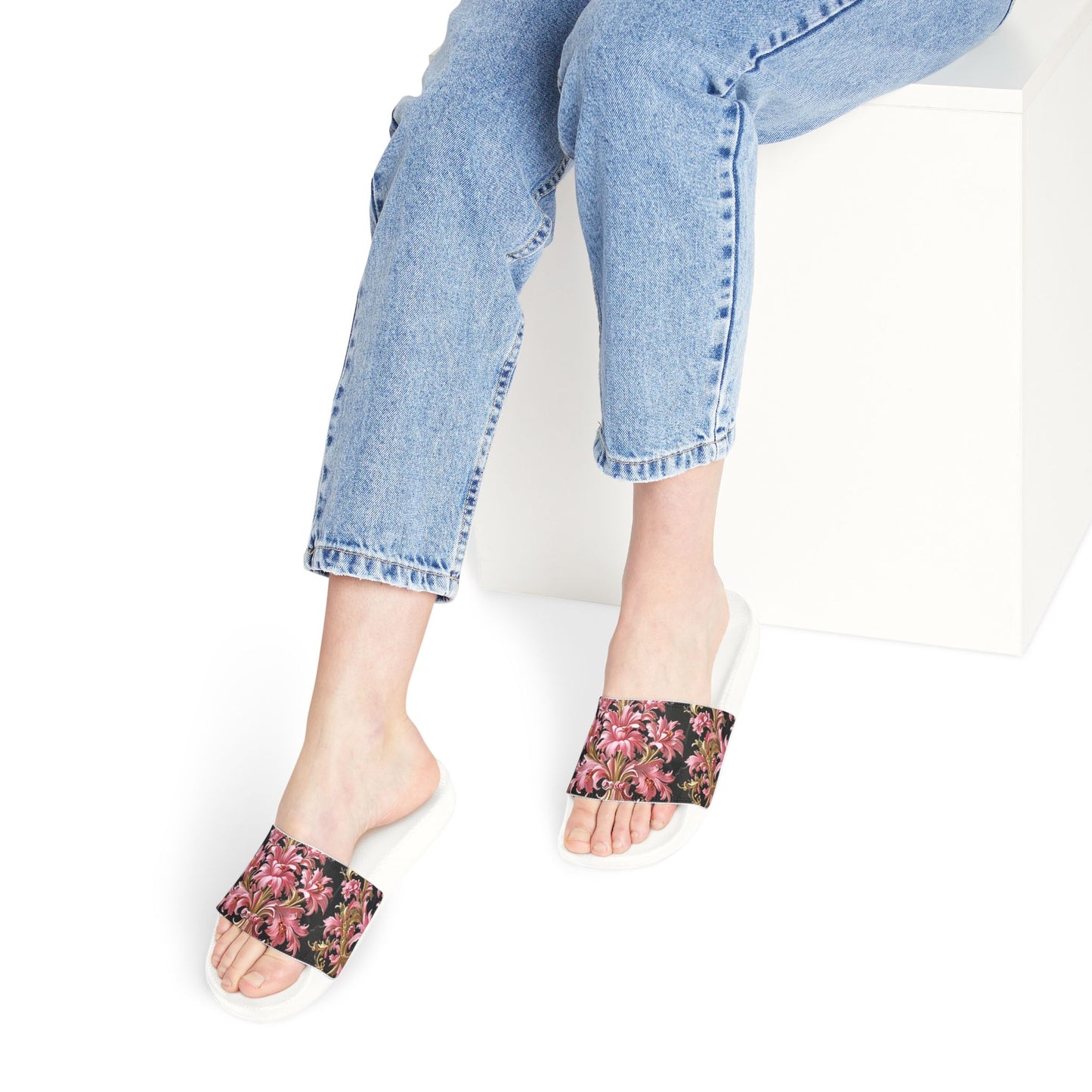 Floral Women's Sandals | Trendy Summer Footwear, Vacation Slip-Ons, Beach Sandals, Stylish Slip-Ons - Black & Pink Oil Painting Style Rococo