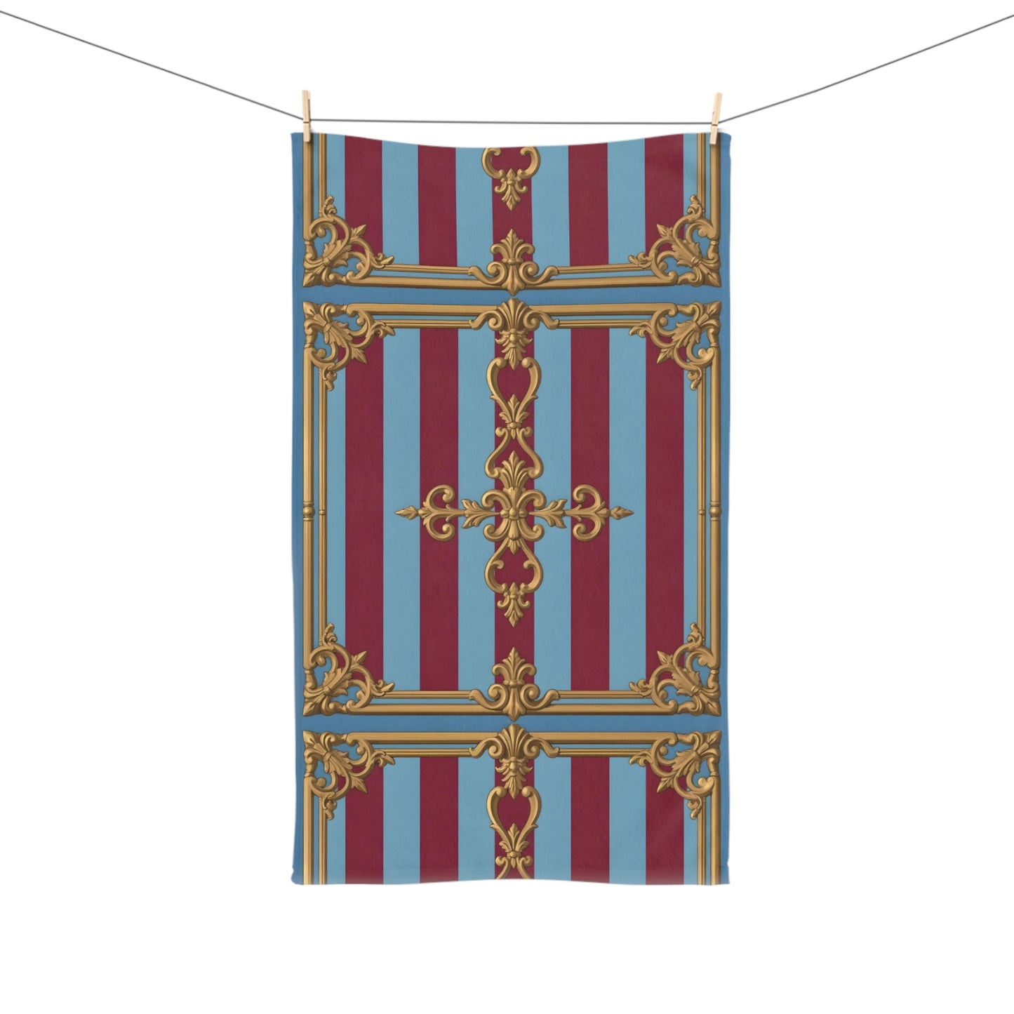 Elegant Red and Blue Decorative Hand Towel, Luxurious Bathroom Decor, French Style Kitchen Towel - Sky Blue & Maroon Striped Baroque