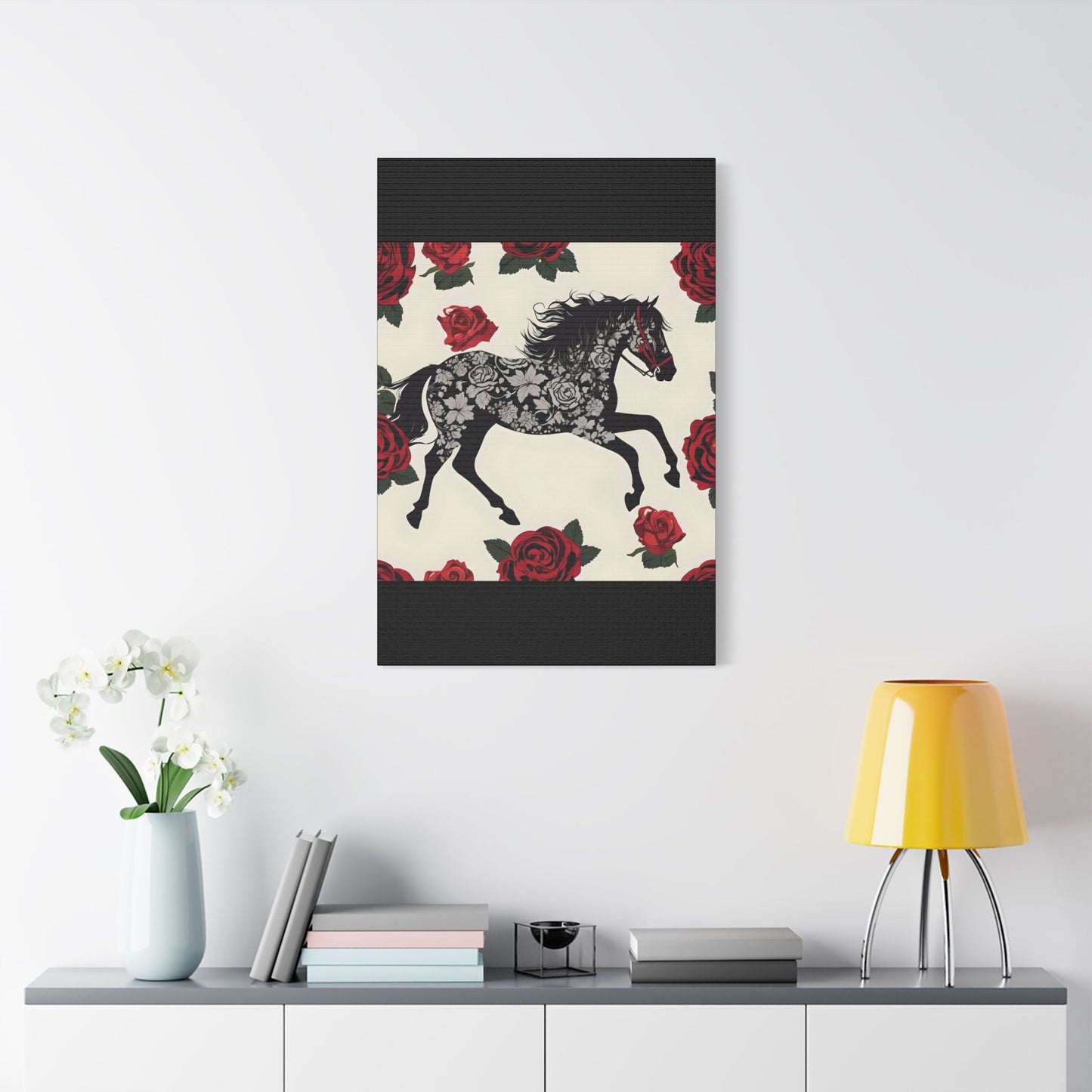 Art Print Canvas, Wall Decor, Satin Stretched Canvas, Equestrian Art, Office Decor, Home Decor - Horse & Roses