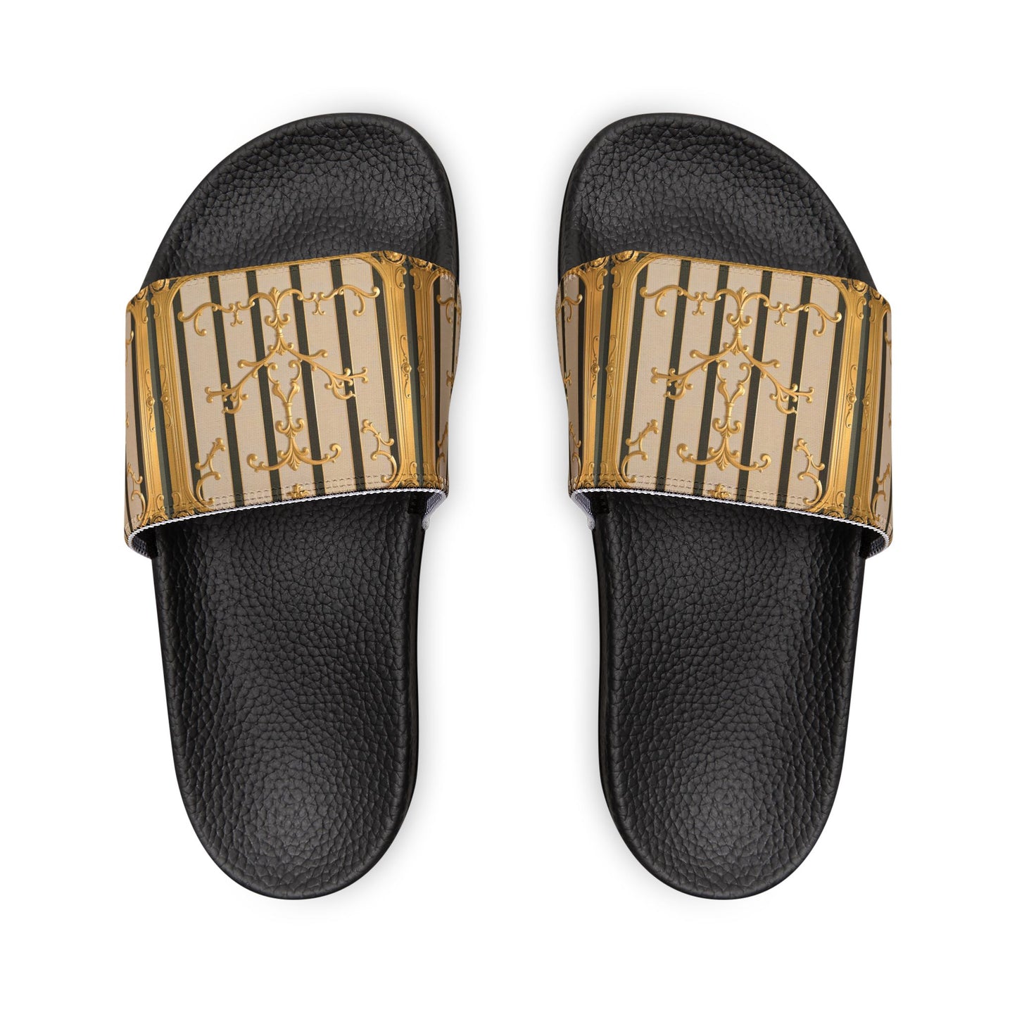 Stylish Women's Removable-Strap Sandals, Summer Footwear, Vacation Slides, Beach Essentials - Beige Striped Gold Rococo