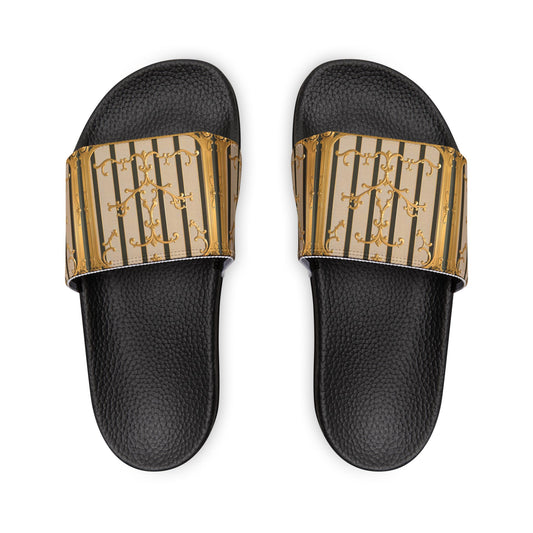 Stylish Women's Removable-Strap Sandals, Summer Footwear, Vacation Slides, Beach Essentials - Beige Striped Gold Rococo