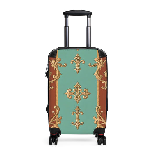 Elegant Travel Suitcase with Vintage Design - Rust & Mint Aqua Striped Baroque