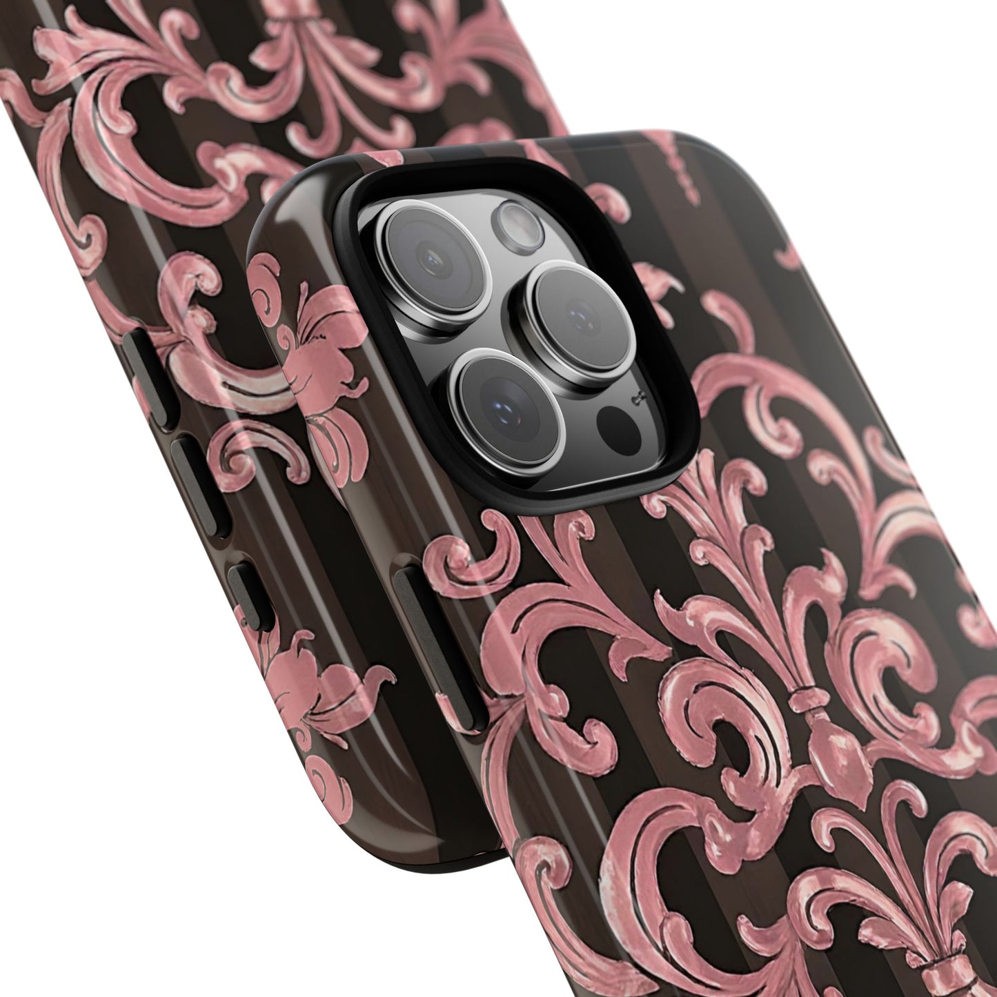 Elegant Floral Motif Phone Case - Tough Cases with Vintage Design - Brown Striped Mauve Damask