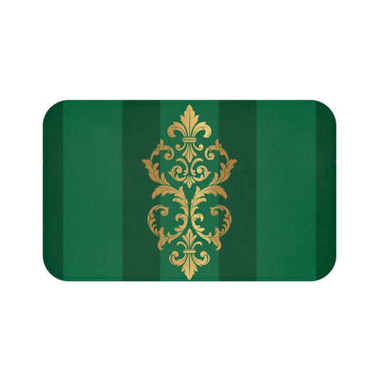 Green Striped Gold Baroque Bath Mat — Luxe Decorative Bathroom Rug
