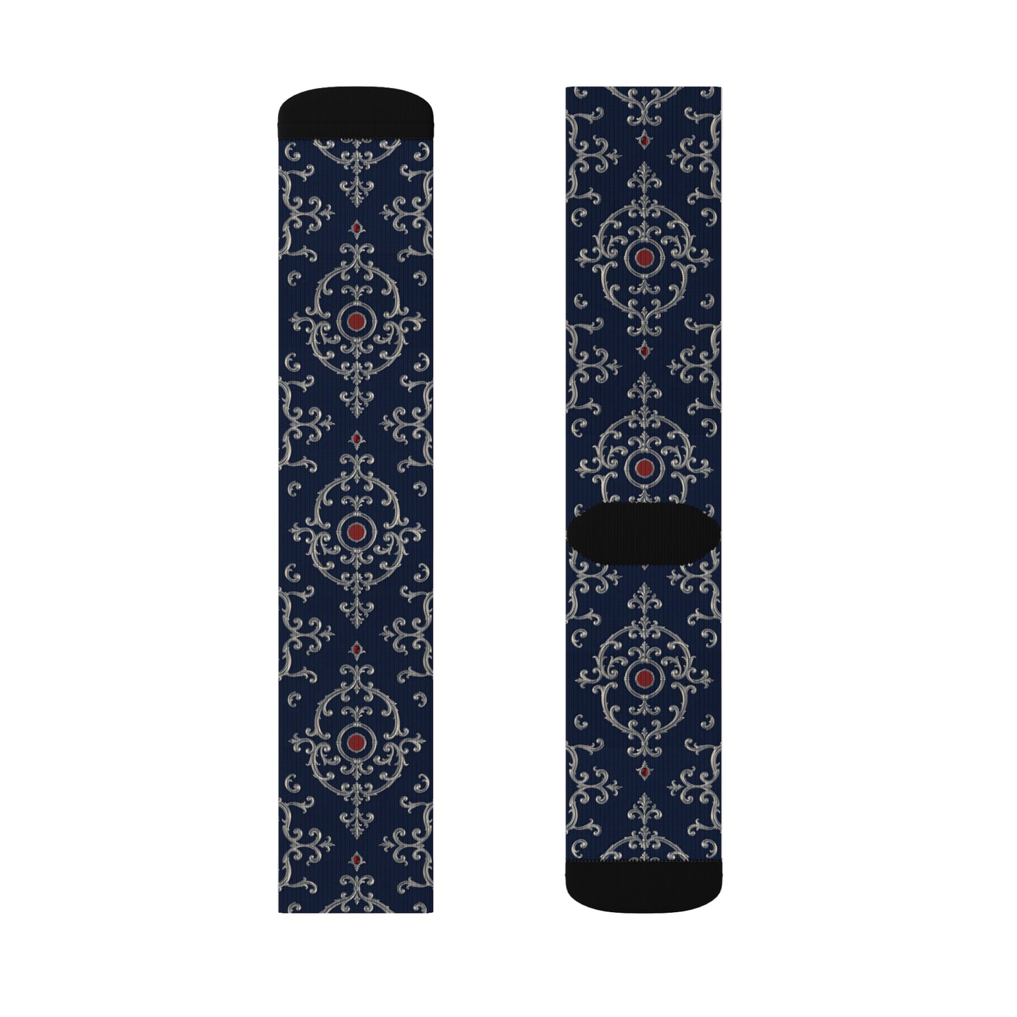 Stylish Sublimation Socks for Everyday Comfort, Unique Gift for Sock Lovers, Cozy Footwear for All Occasions - Blue & Red Striped Silver Baroque