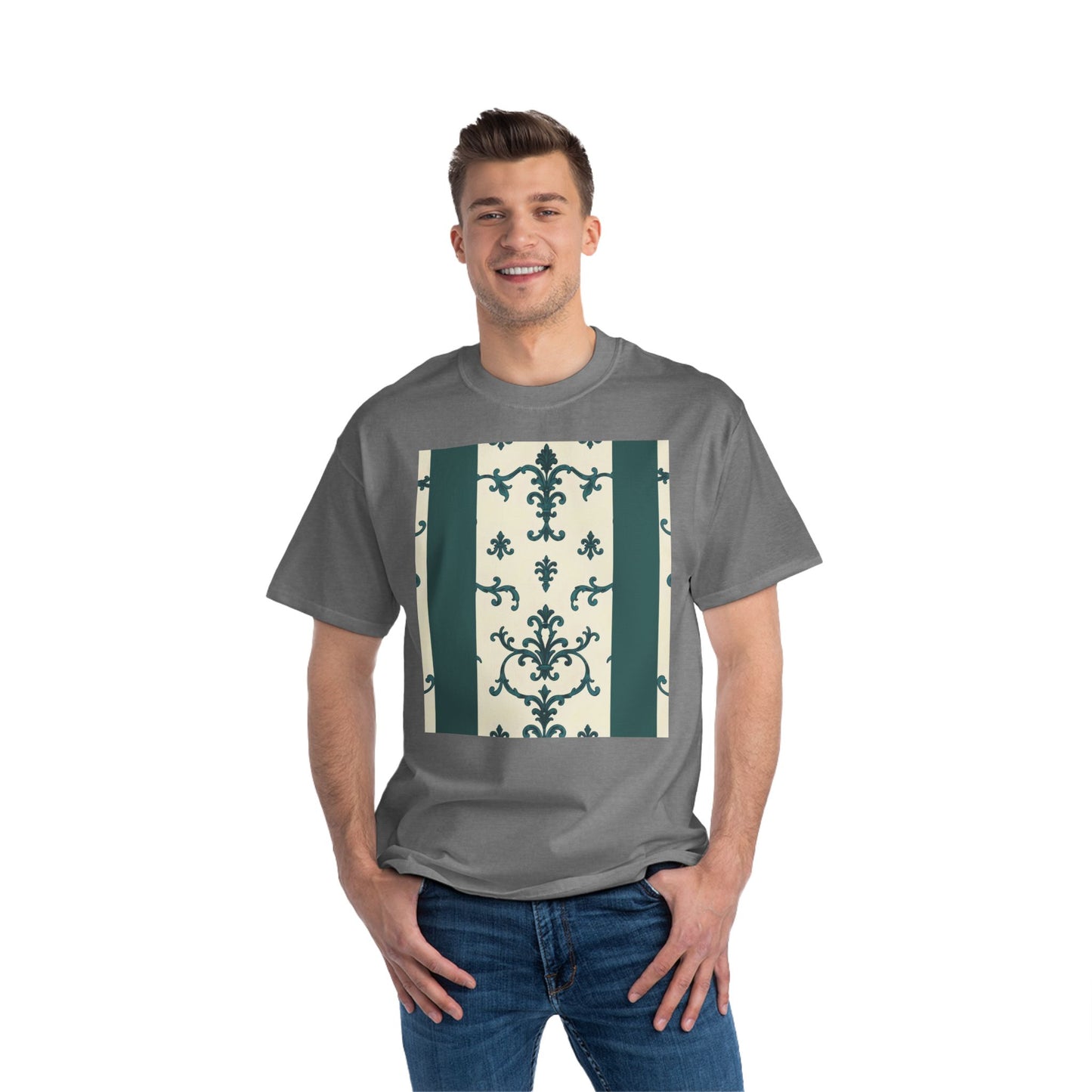 Vintage-Inspired Short-Sleeve T-Shirt, Casual Wear, Graphic Tee, Summer Outfit, Gift for Friends, Retro Design - Teal Striped Rococo
