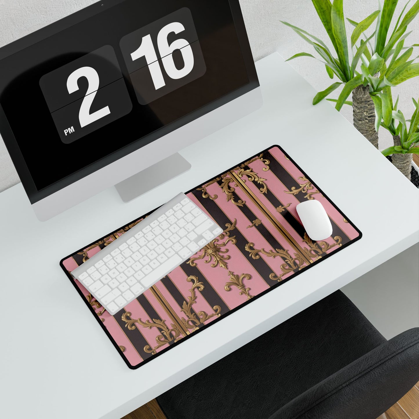 Elegant Floral Motif Desk Mat for Home Office Decor - Pink & Brown Striped Gold Damask