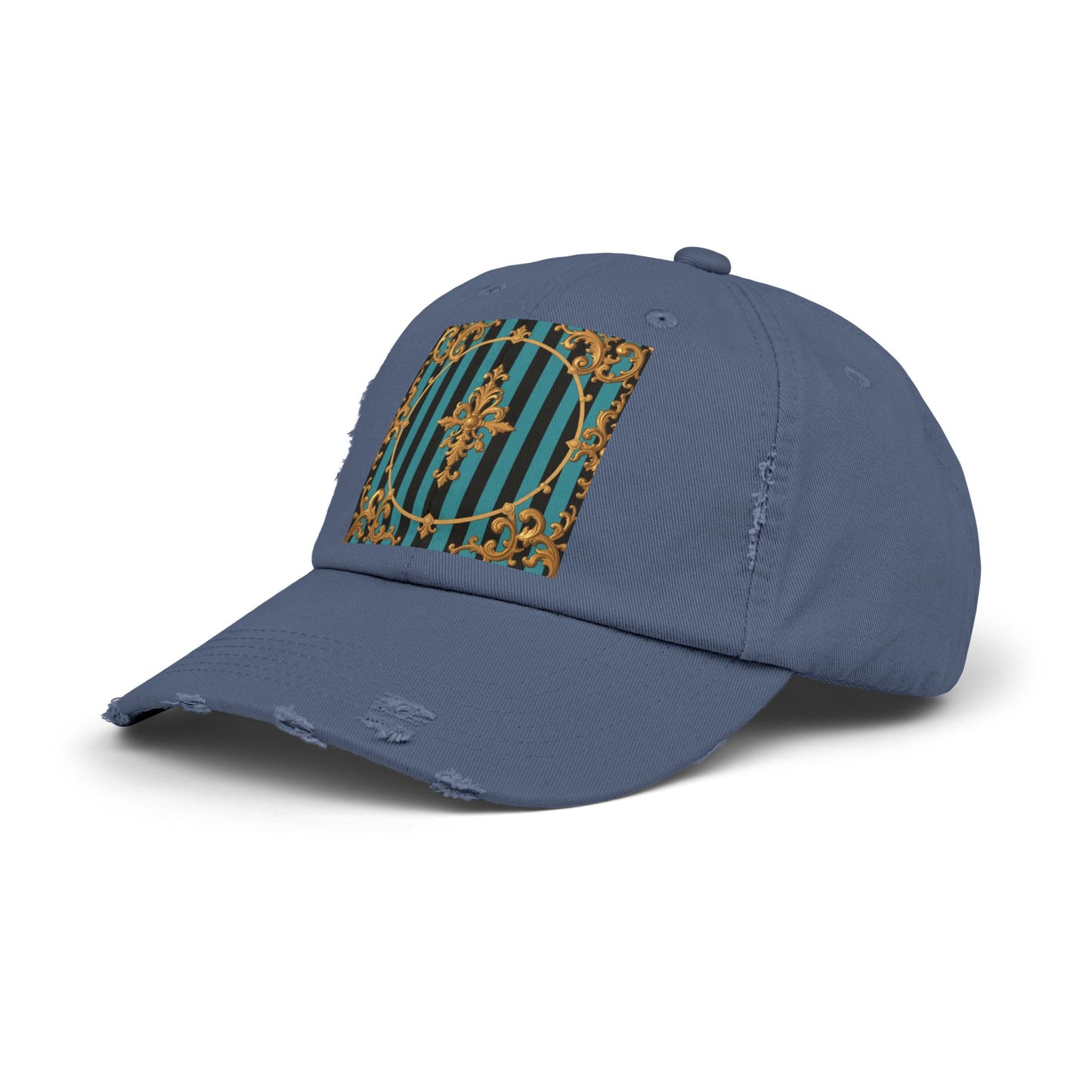 Turquoise & Black Striped Gold Baroque Distressed Cap with Elegant Design, Fashion Accessory for Everyday Wear, Perfect for Festivals, Gifts