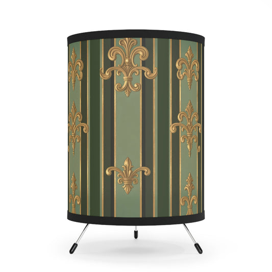 Elegant Tripod Lamp with Vintage Floral Shade, Home Decor Lighting, Stylish Bedroom Lamp, Chic Living Room Accent - Green Striped Gold Baroque