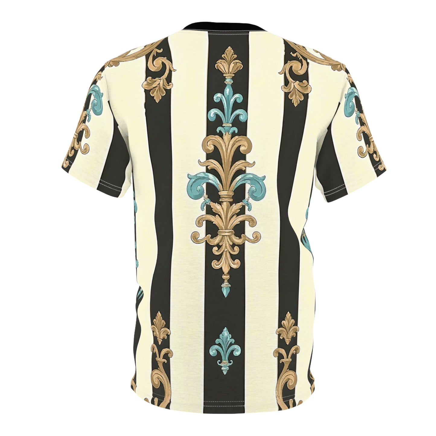 Stylish Unisex Patterned Tee, Fashion Tee for Men & Women, Casual Wear, Elegant Gift, Summer Top - Black Striped Turquoise & Black Rococo