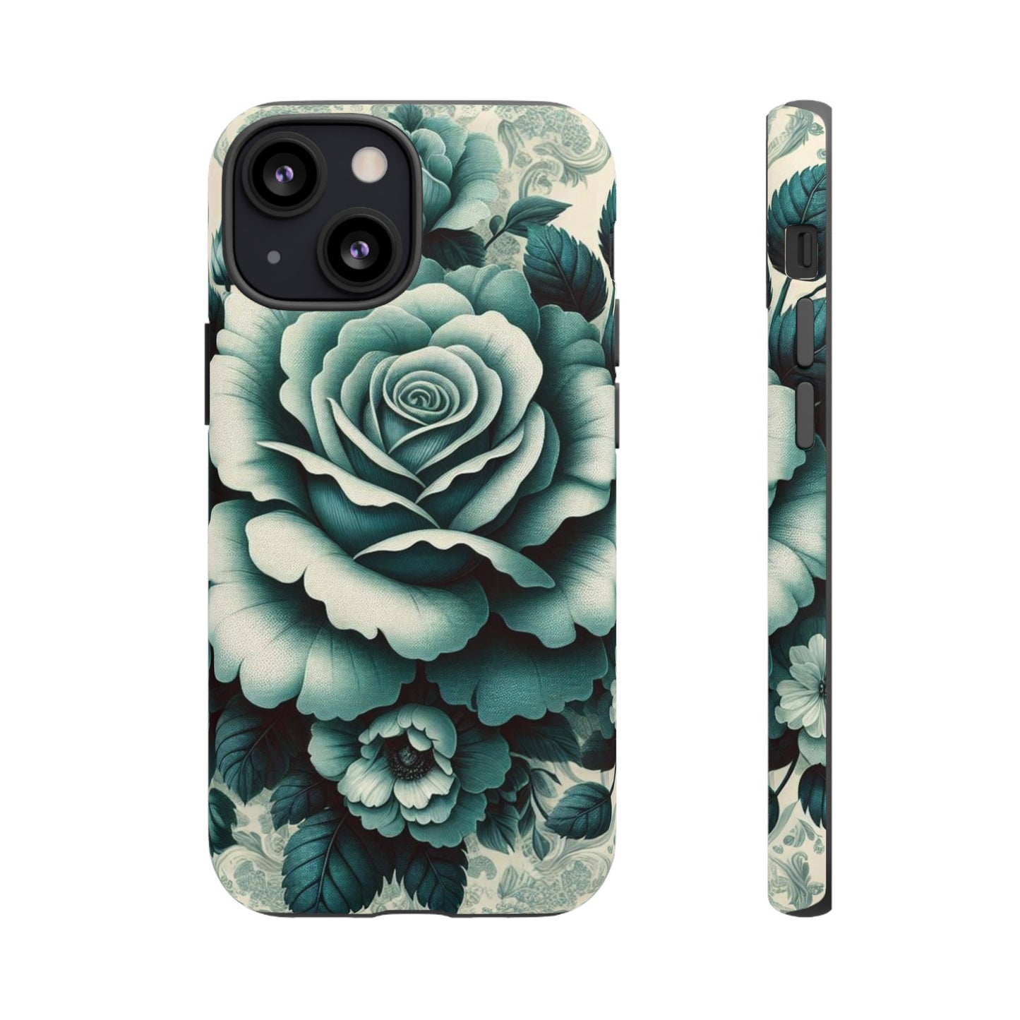 Elegant Floral Motif Phone Case - Tough Cases with Vintage Design - Teal Roses & Damask
