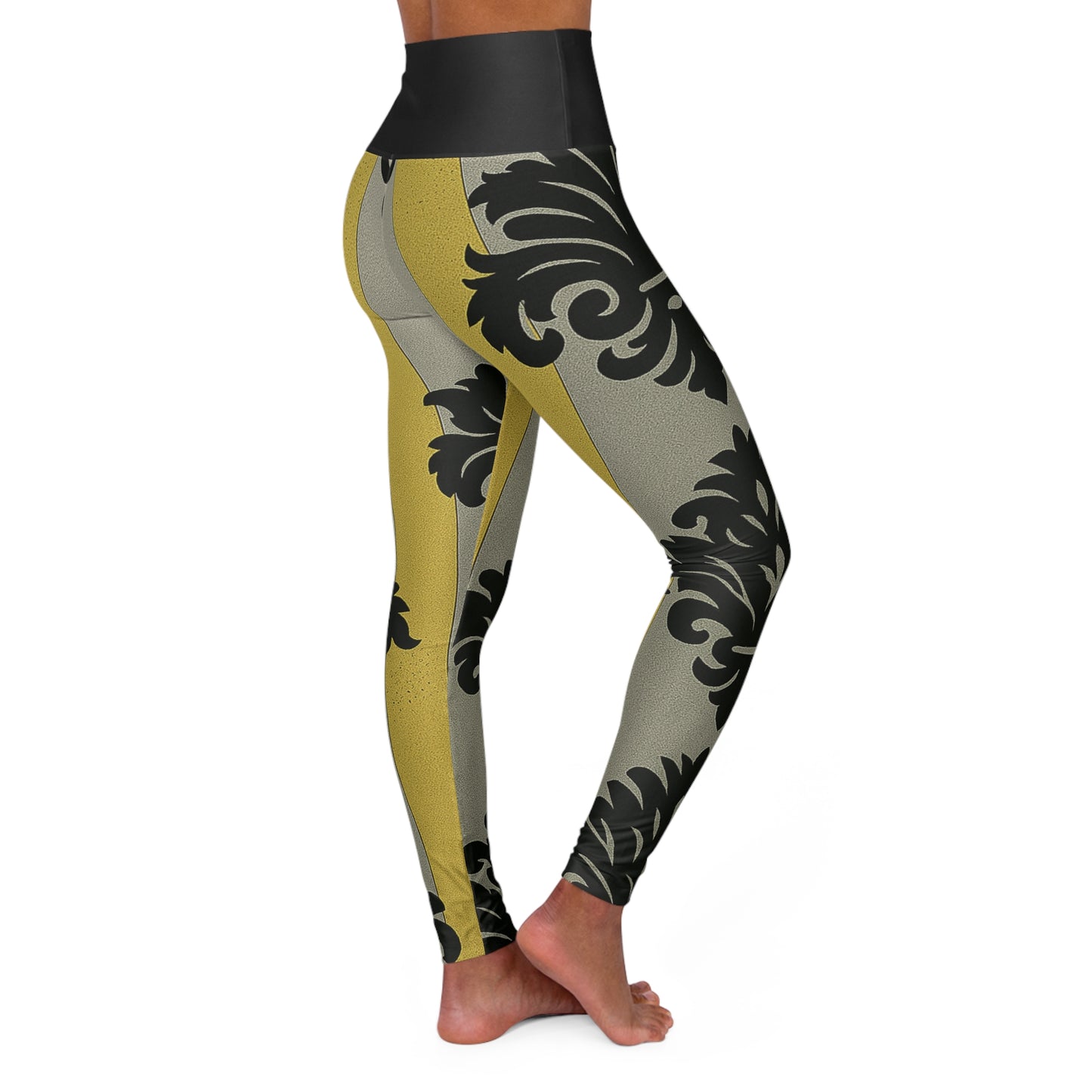 Chic High Waisted Yoga Leggings, Stylish Activewear for Fitness, Comfortable Leggings, Perfect for Yoga & Pilates - Silver & Gold Striped Black Baroque