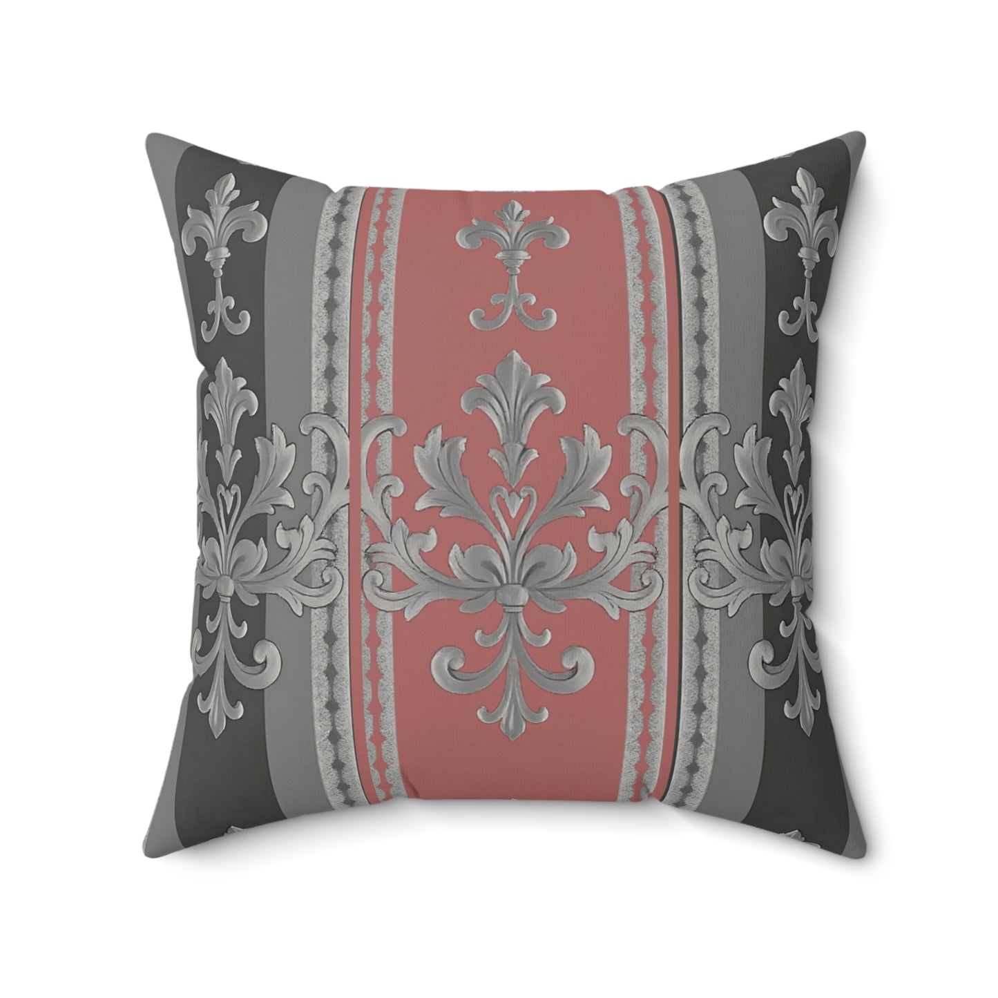 Elegant Faux Suede Square Pillow with Decorative Print - Gray & Mauve Striped Baroque