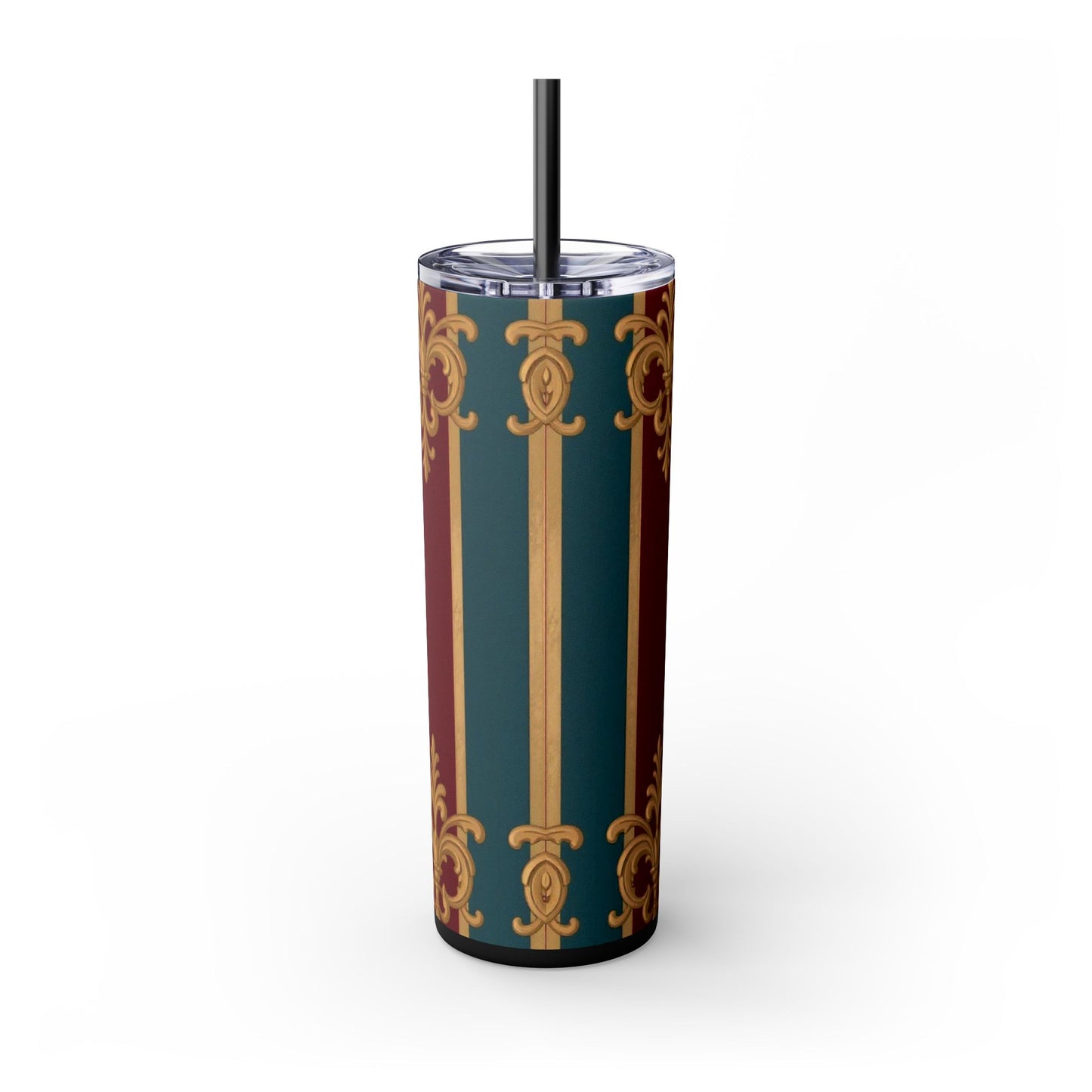 Elegant Vintage Skinny Tumbler with Straw, 20oz | Gold & Burgundy Design | Travel Mug, Gift for Her - Burgundy Striped Gold Baroque