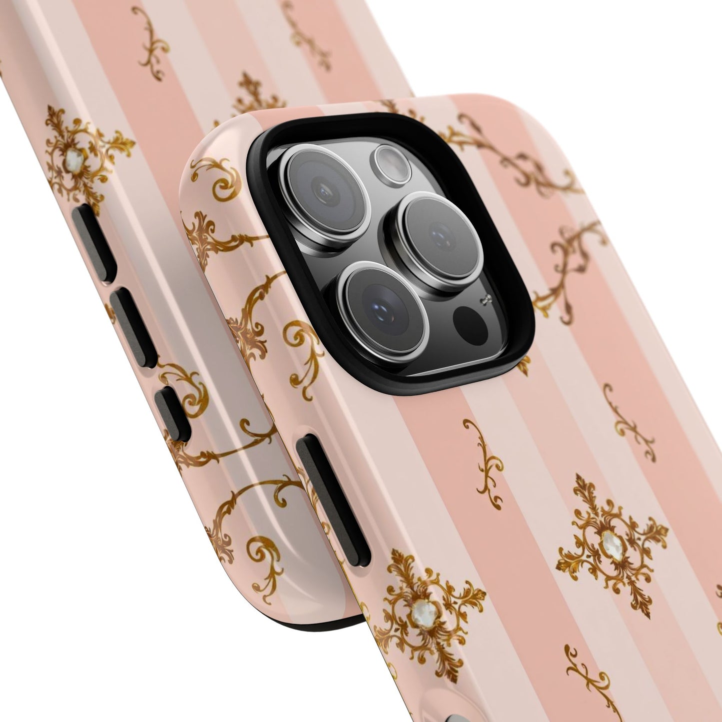 Elegant Floral Phone Case, Tough Cases for Women, Trendy Phone Cover, Chic Gift - Pink Jeweled Striped Gold Baroque