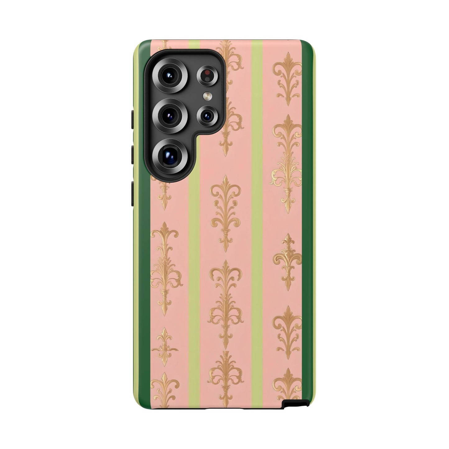 Elegant Floral Motif Phone Case - Tough Cases with Vintage Design - Lime Green & Pink Striped Damask
