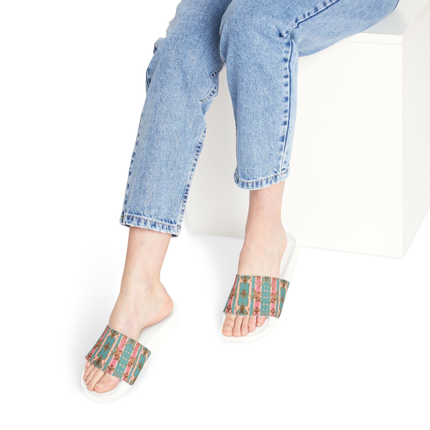 Stylish Women's Removable-Strap Sandals, Trendy Summer Footwear, Comfortable Beach Slides - Pink & Matte Turquoise Striped Rococo