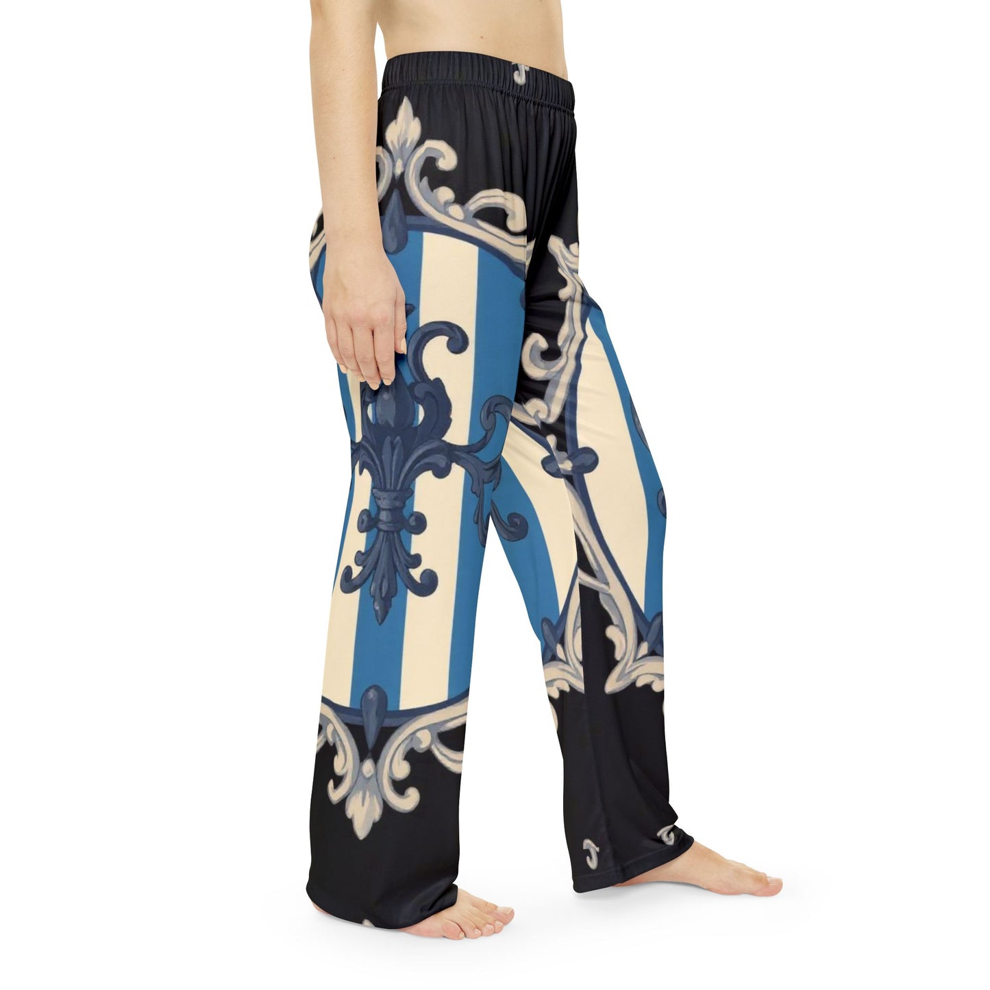 Elegant Blue & Alabaster Striped Baroque Women’s Pajama Pants, Trendy Loungewear, Comfortable Sleep Pants, Stylish Nightwear, Relaxation Fashion
