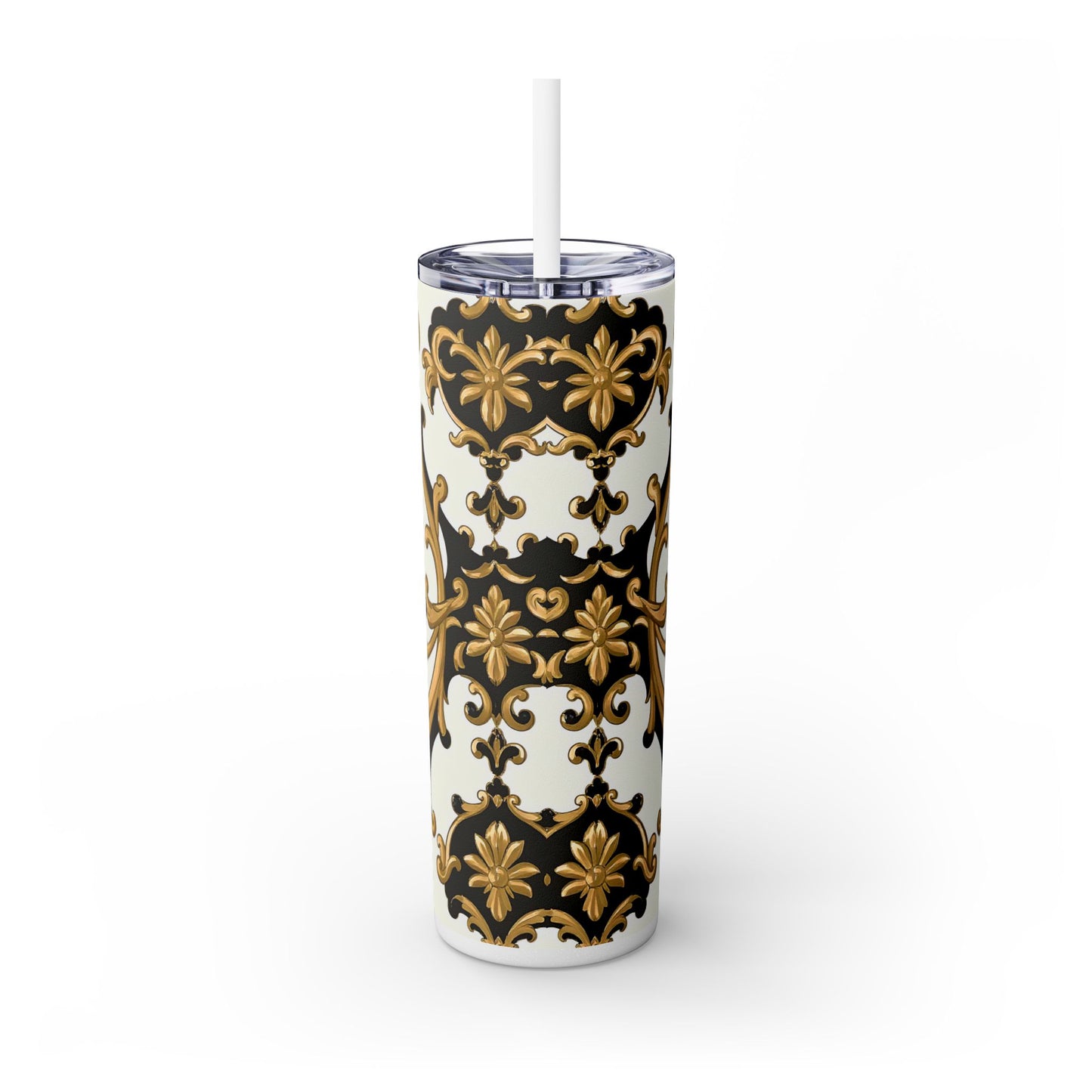 Elegant Gold Floral Skinny Tumbler, 20oz | Insulated Cup for Hot & Cold Drinks, Travel Mug, Gift for Mom, Stylish Drinkware - Black & Gold Rococo