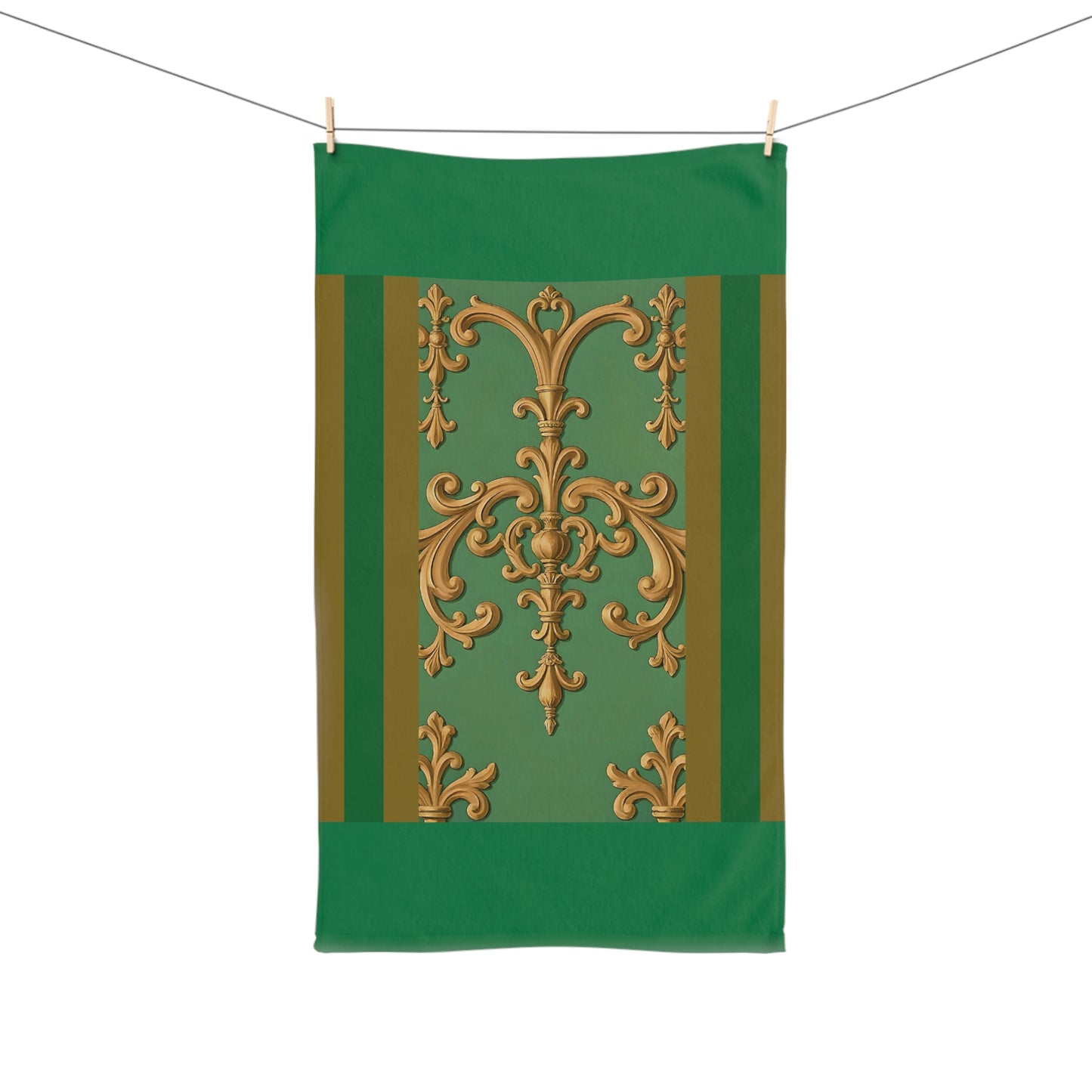 Elegant Ornate Hand Towels for Home Decor, Kitchen, Bathroom, Gift for Her, Wedding, Housewarming - Olive Green Striped Rococo