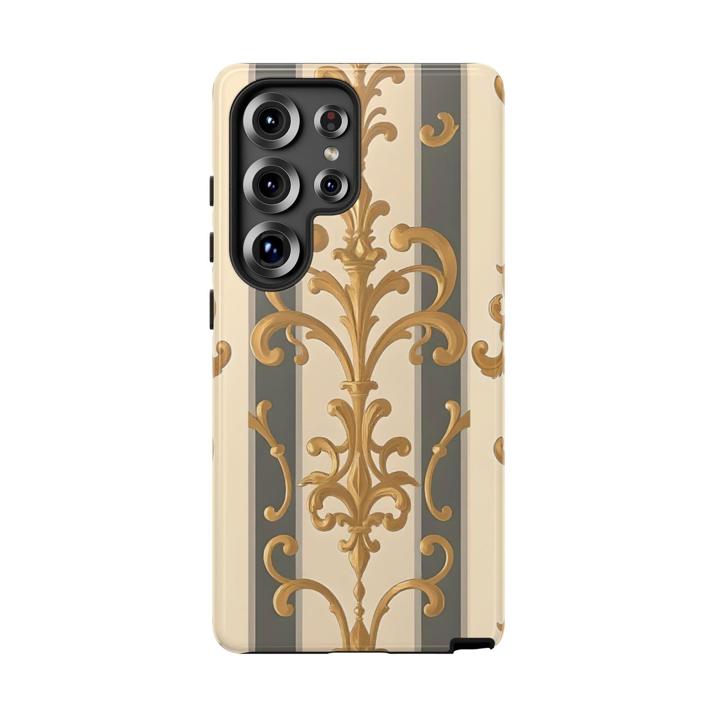 Elegant Floral Motif Phone Case - Tough Cases with Vintage Design - Dusk Olive Striped Gold Damask