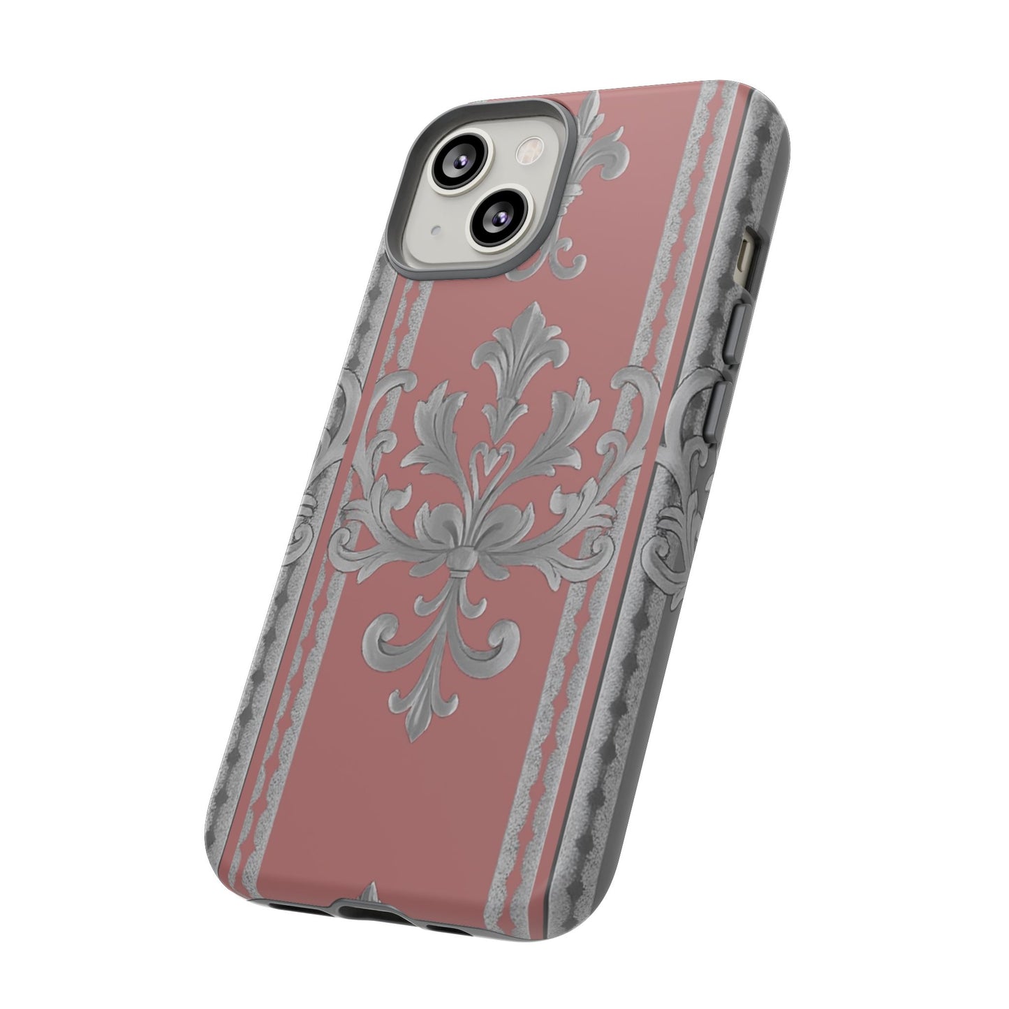 Elegant Floral Phone Case - Tough Cases for Stylish Protection - Gray & Mauve Striped Baroque