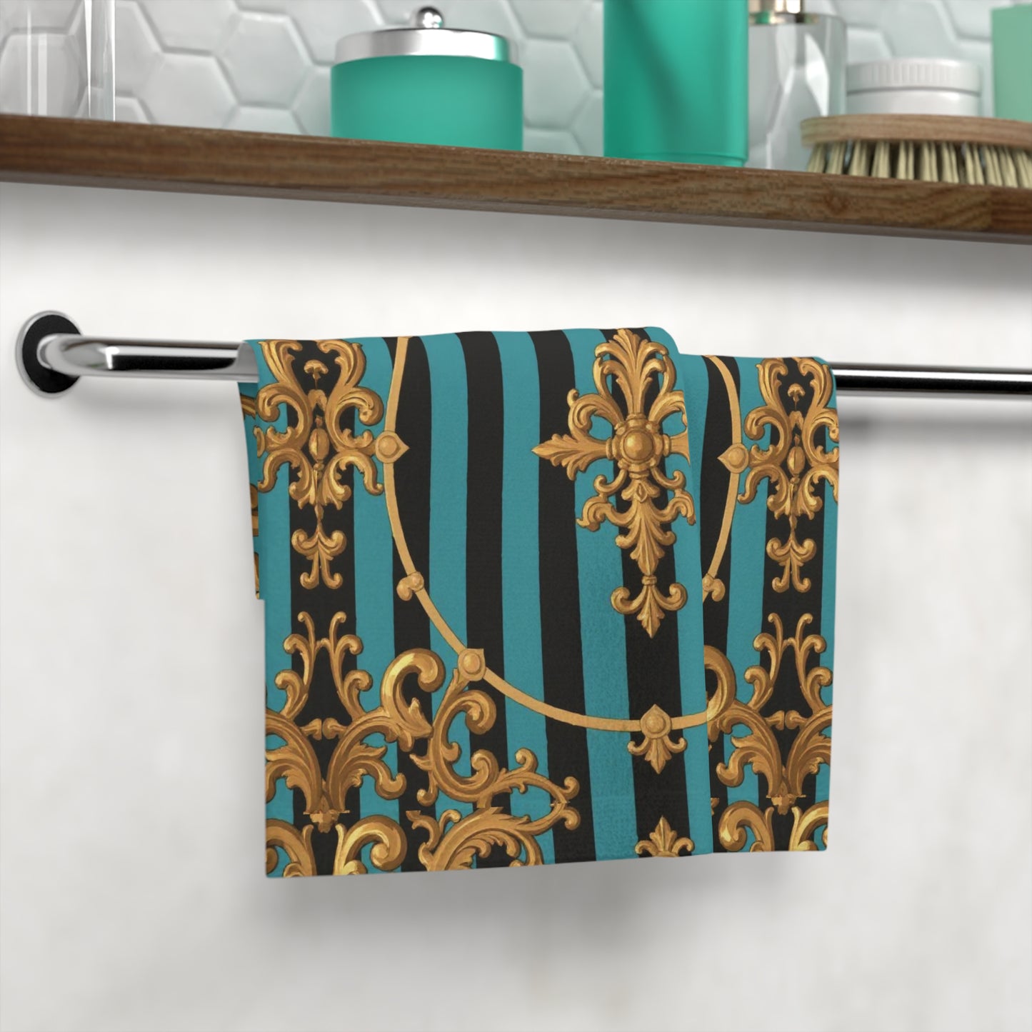 Elegant Turquoise & Black Striped Gold Baroque Decorative Face Towel, Luxury Bathroom Towel, Chic Home Decor, Wedding Gift