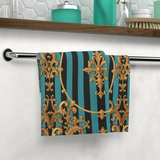 Elegant Turquoise & Black Striped Gold Baroque Decorative Face Towel, Luxury Bathroom Towel, Chic Home Decor, Wedding Gift