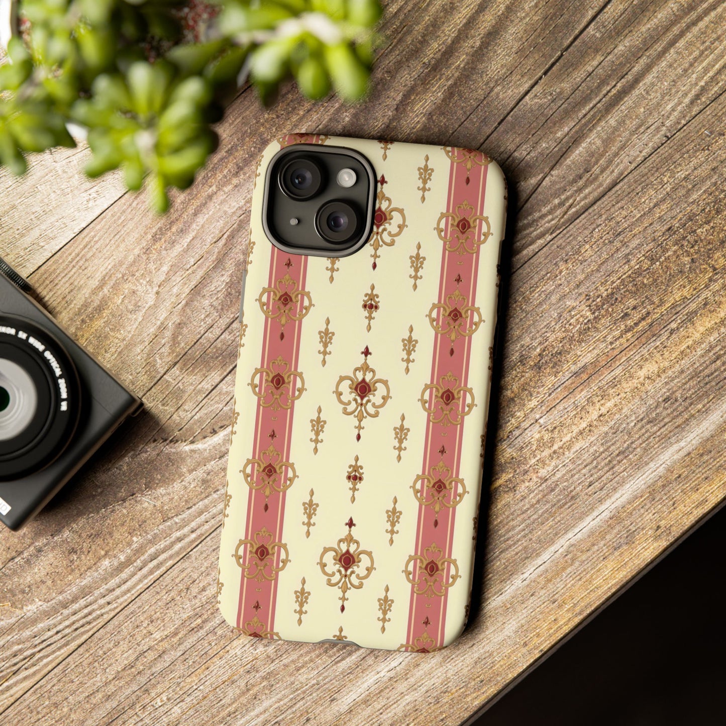 Elegant Floral Motif Phone Case - Tough Cases with Vintage Design - Mauve Striped Gold Damask