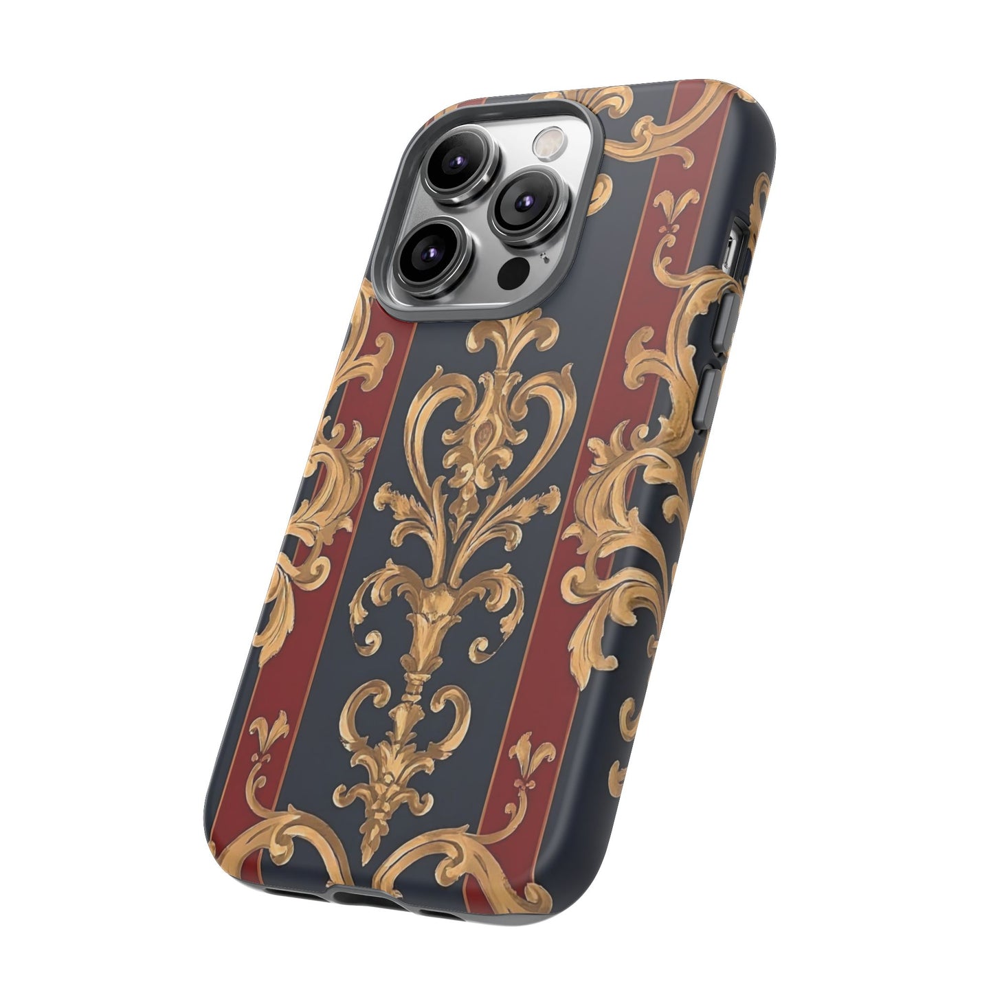Elegant Floral Motif Phone Case - Tough Cases with Vintage Design - Midnight Blue & Dusk Red Striped Gold Damask