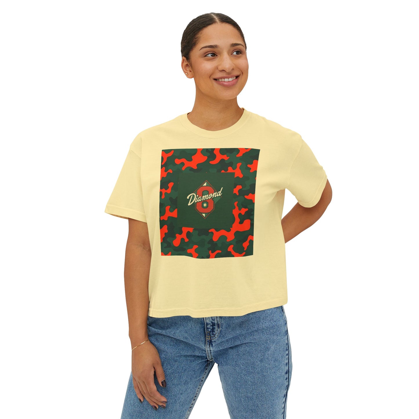 Stylish Women's Boxy Tee - Trendy Camo Print, Casual Summer Wear, Gift for Her, Streetwear Top - Green & Orange Camo Diamond 8