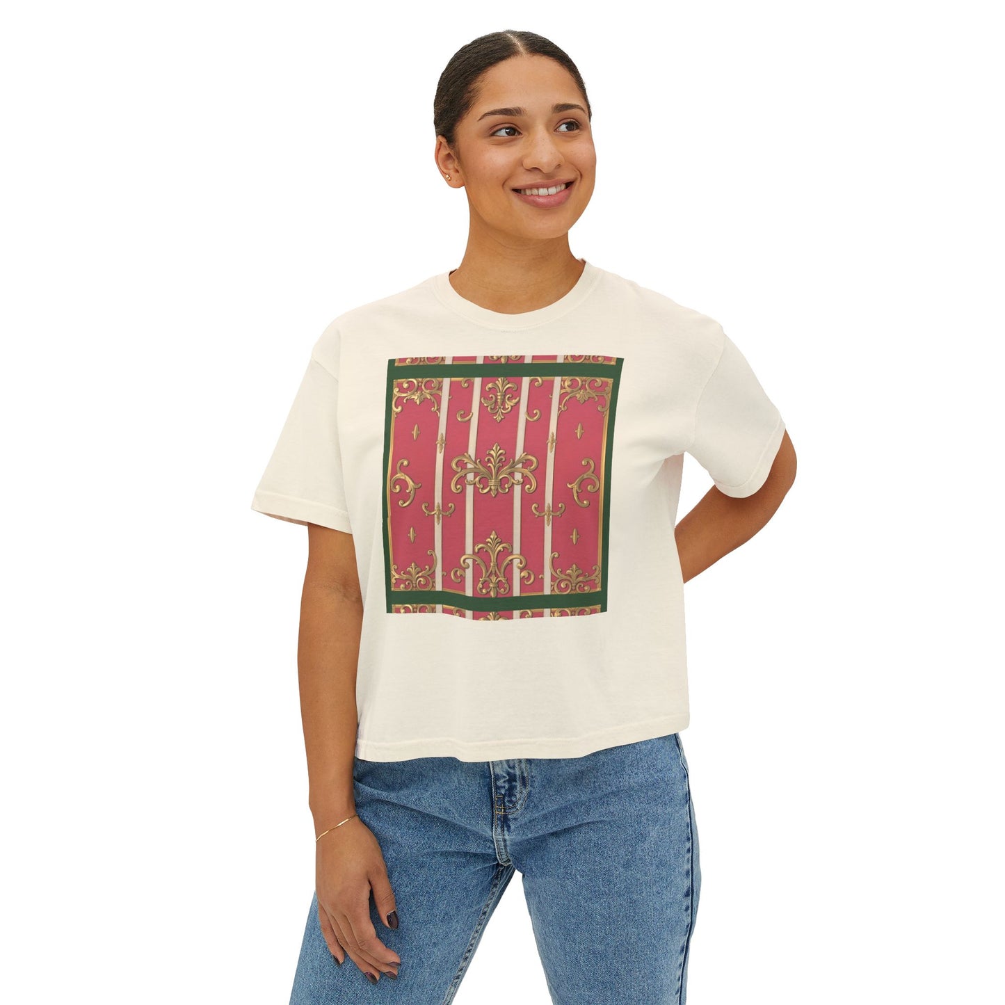 Women's Boxy Tee with Elegant Green Border Pink Striped Baroque Design, Casual Summer Top, Gift for Her, Trendy T-Shirt, Stylish Everyday Wear