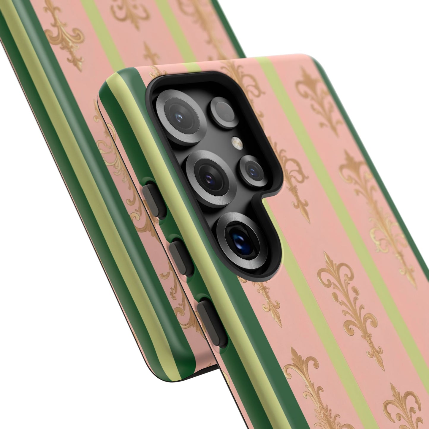 Elegant Floral Motif Phone Case - Tough Cases with Vintage Design - Lime Green & Pink Striped Damask
