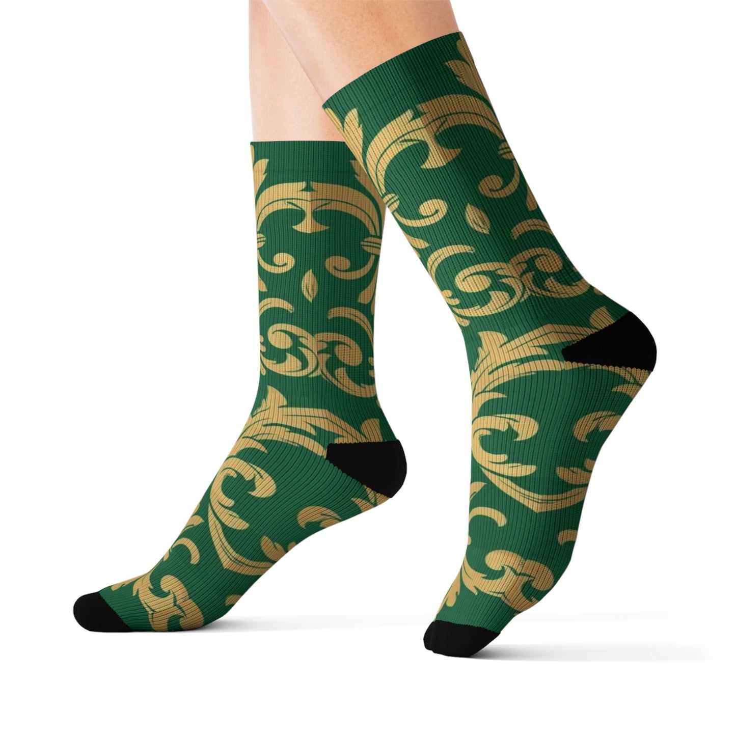 Green Baroque Pattern Sublimation Socks — Gold Baroque Crew Socks