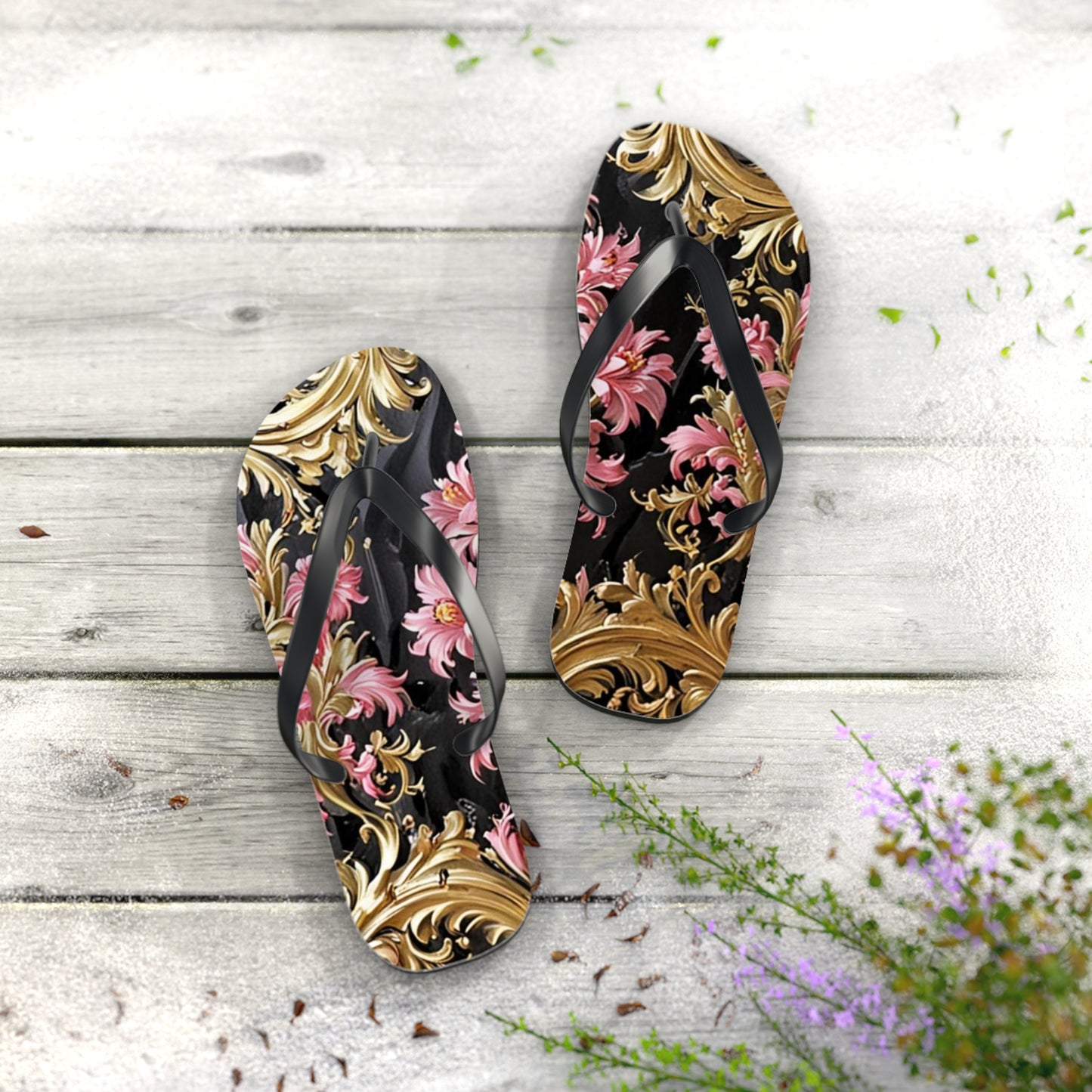 Elegant Floral Flip Flops - Summer Footwear, Beach Sandals, Vacation Accessories, Travel Essentials - Black & Pink Oil Painting Style Rococo