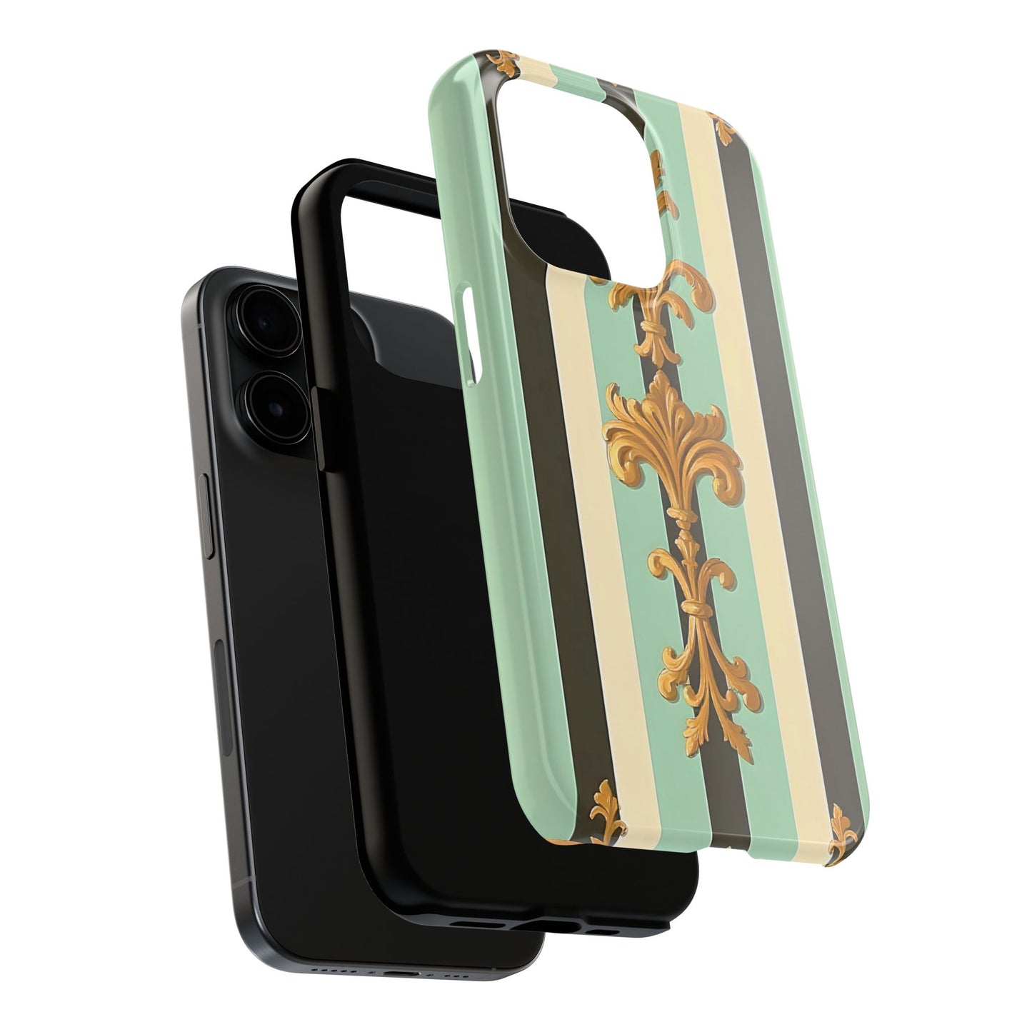 Elegant Floral Tough Phone Cases - Stylish Protection for All Occasions, Gifts for Her, Phone Covers - Black & Matte Mint Striped Rococo