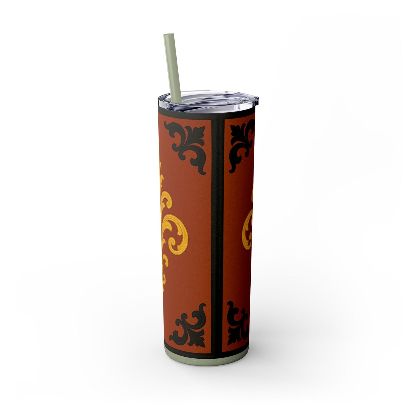 Dusk Terracotta Baroque 20oz Skinny Tumbler with Straw — Vintage Gold Baroque Design